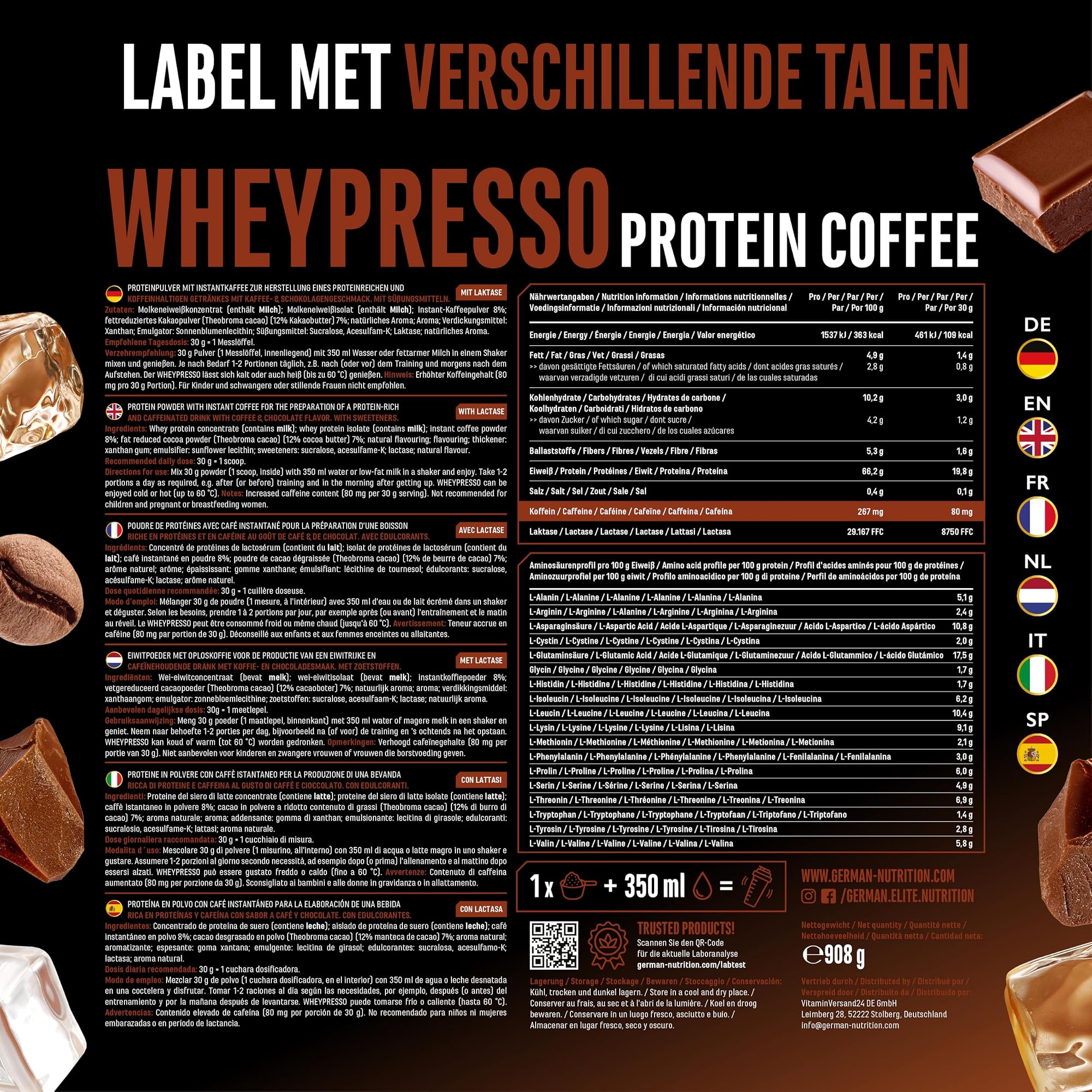 German Elite Nutrition Wheypresso Protein Coffee Dubbele chocolade 908 g - voedingswaarden en ingrediënten