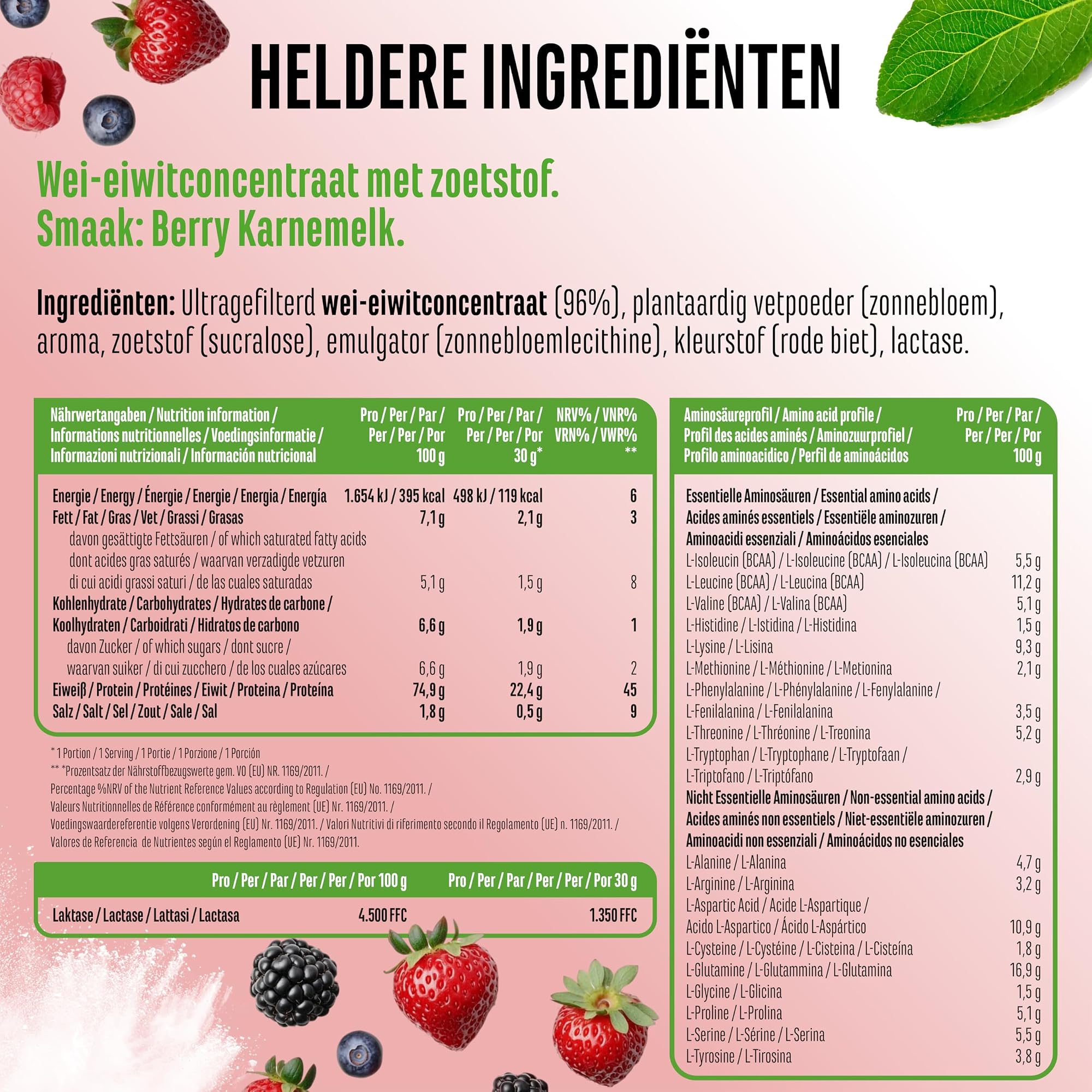 Vit4ever Yummy Whey Protein Berry Buttermilk 908 g - ingredienten, voedingswaarden en aminozuurprofiel per portie