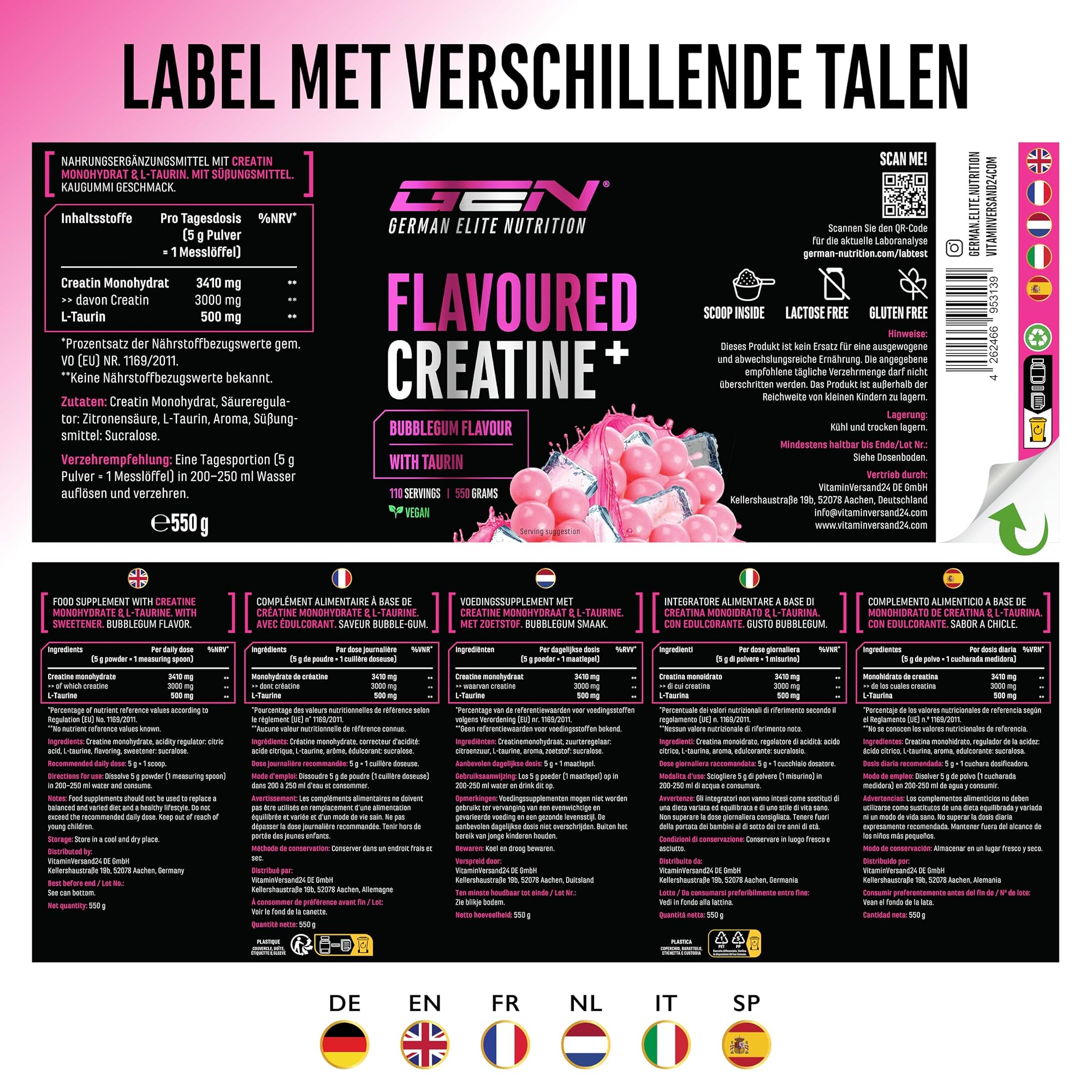 German Elite Nutrition Flavoured Creatine+ Bubblegum 550 g - voedingswaarden en ingrediënten