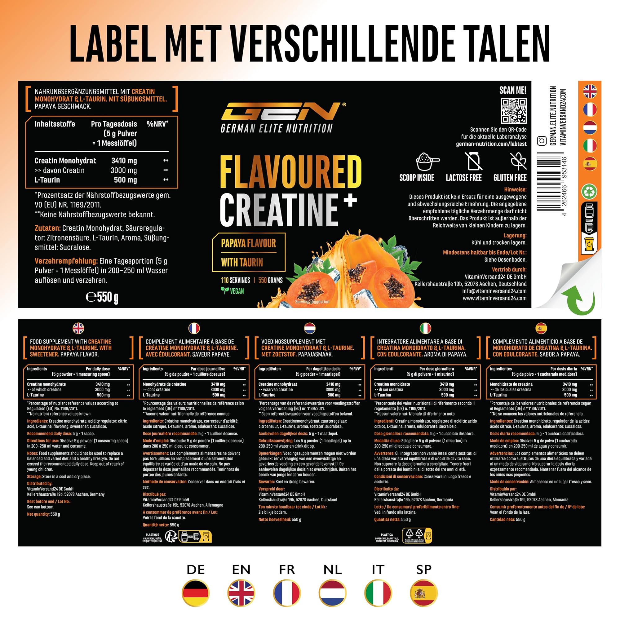 German Elite Nutrition Flavoured Creatine+ Papaya 550 g - voedingswaarden en ingrediënten