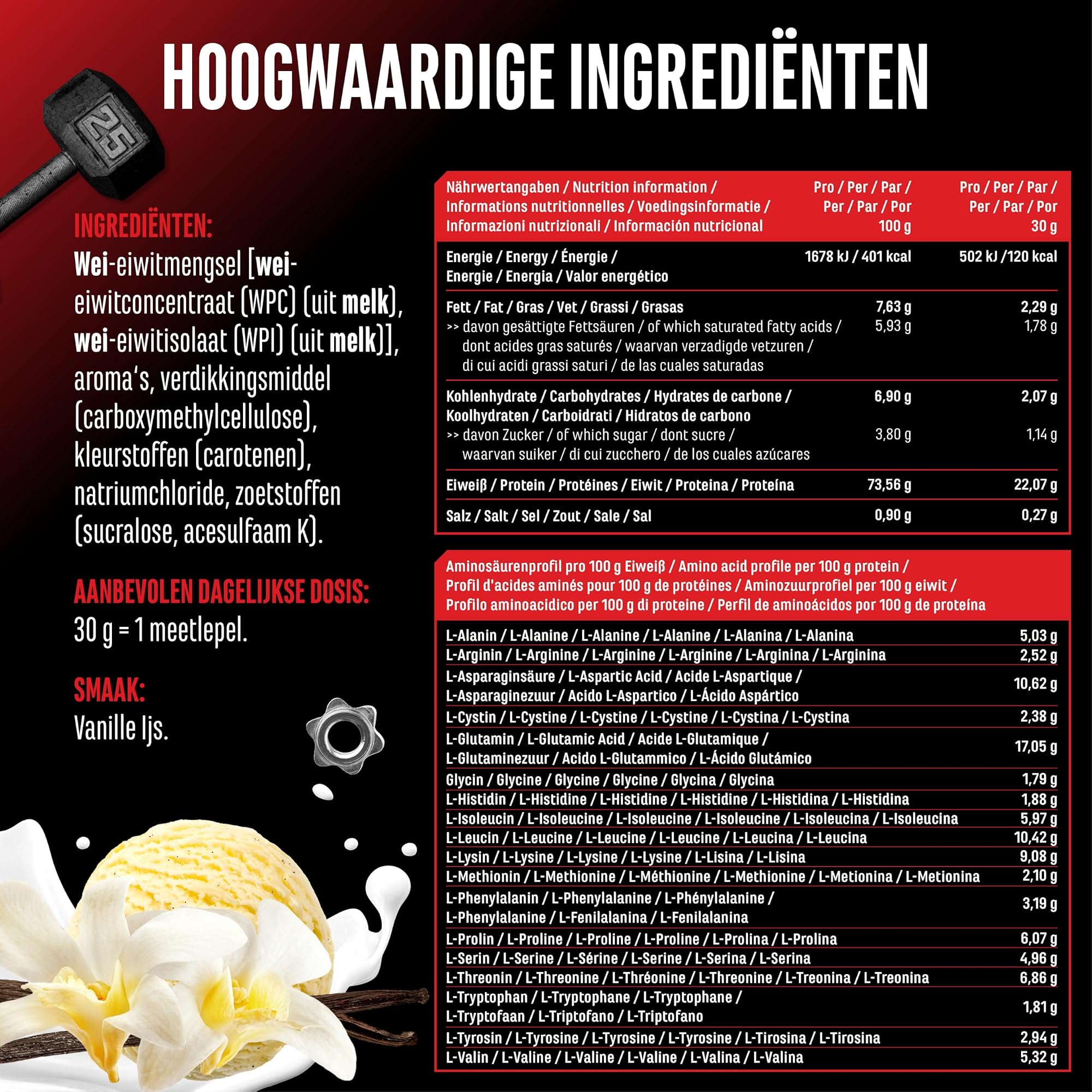 GEN Whey Protein Complex Vanille-ijs 1 kg - ingredienten, voedingswaarden en aminozuurprofiel per portie