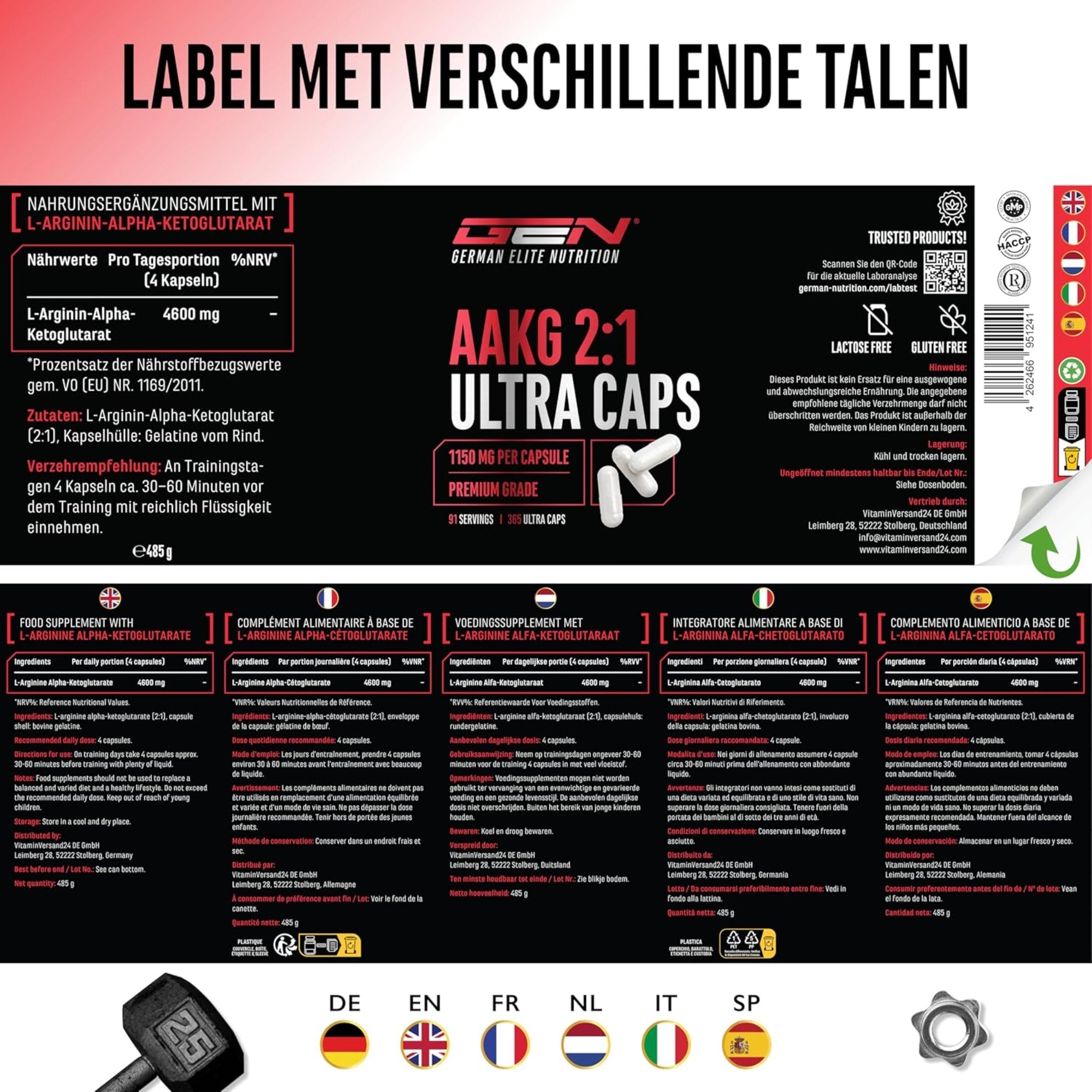 AAKG Ultra Caps (Arginin-Alpha-Ketoglutarat) 1150 mg | 365 Kapseln | German Elite Nutrition