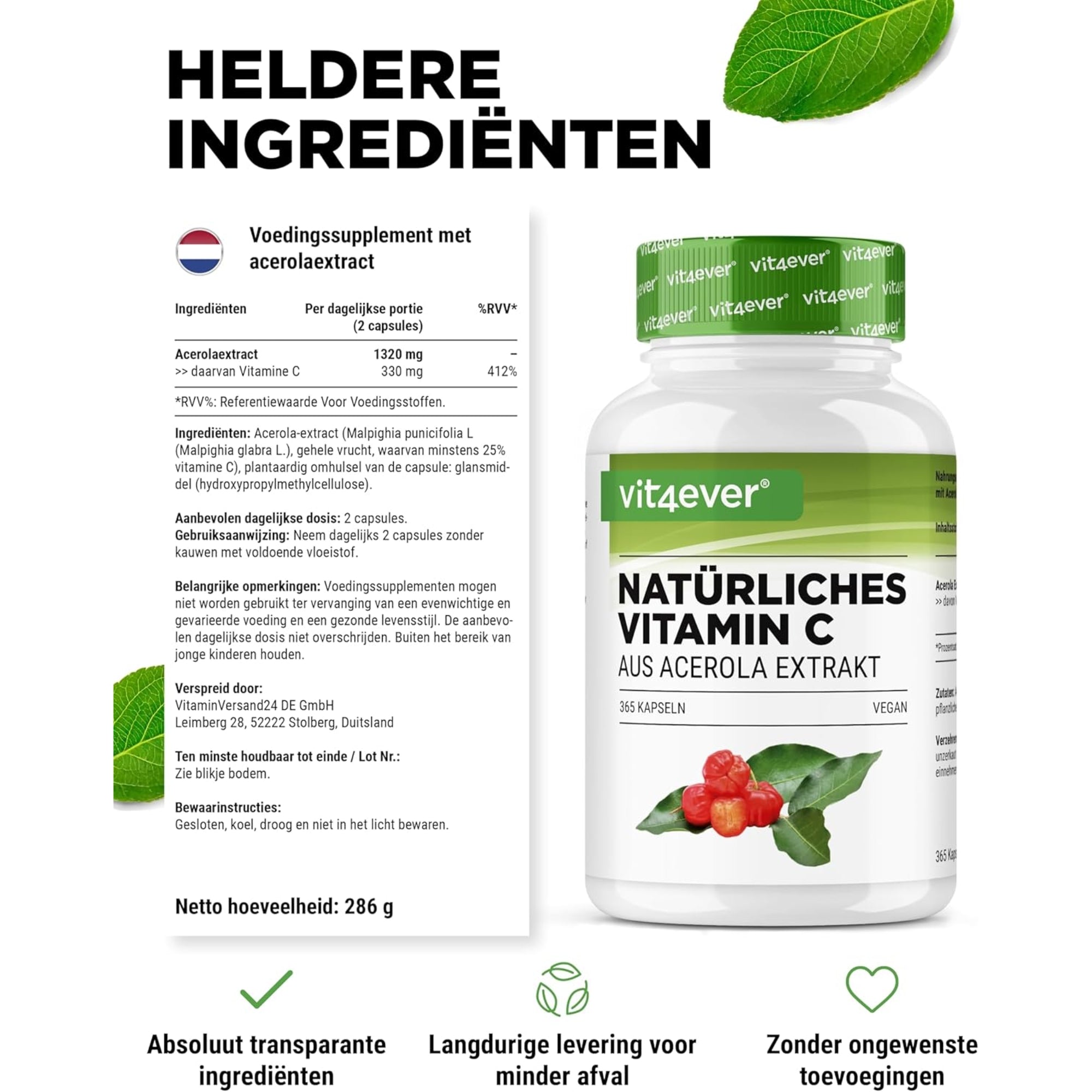 Natürliches Vitamin C aus Acerola (Acerola-Extrakt) 330 mg | 180 Kapseln | Vit4ever