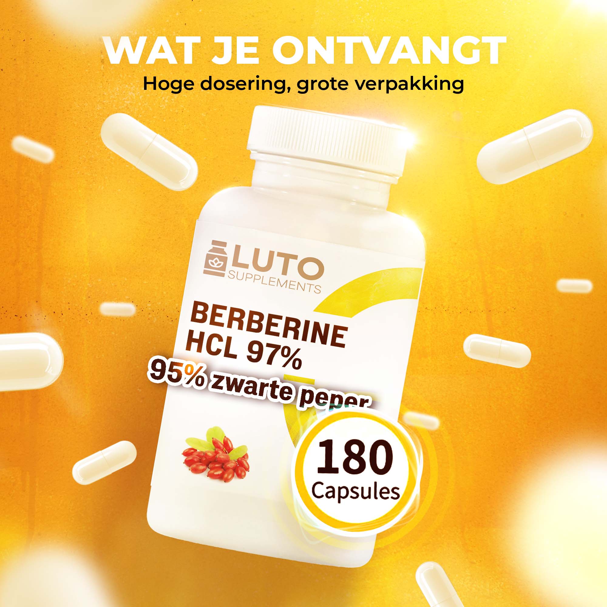 Berberine HCL 97% + Zwarte peper extract | 180 Vegan Capsules | LUTO Supplements