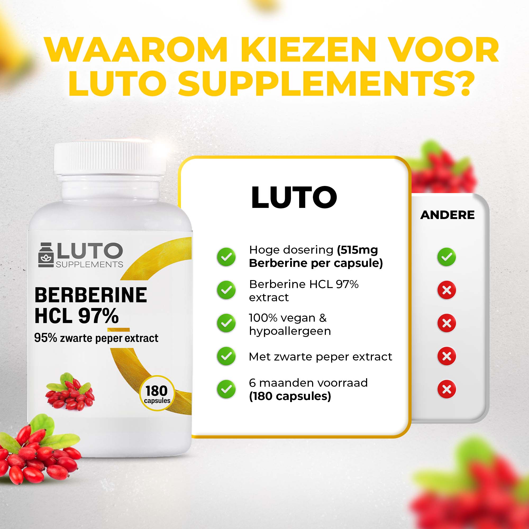 Berberine HCL 97% + Zwarte peper extract | 180 Vegan Capsules | LUTO Supplements