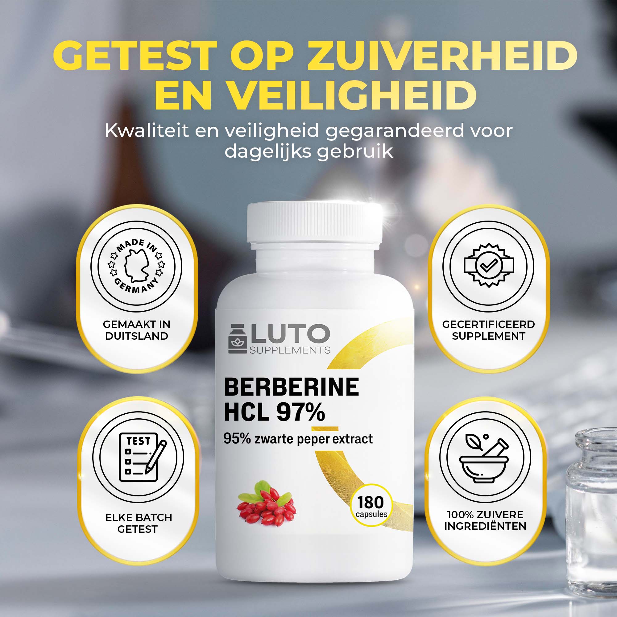 Berberine HCL 97% + Zwarte peper extract | 180 Vegan Capsules | LUTO Supplements