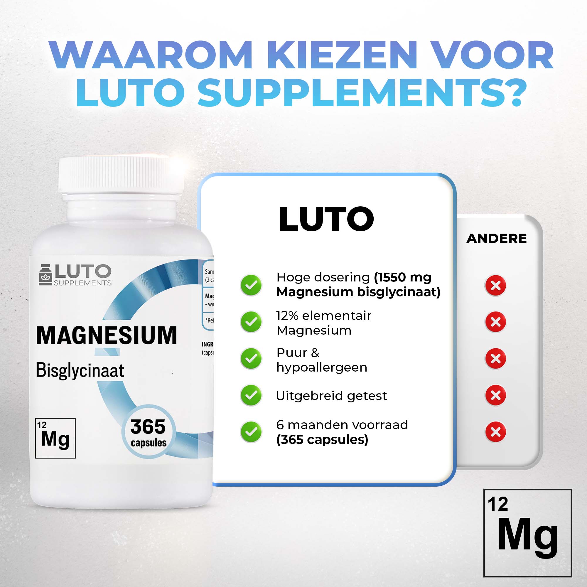 Magnesium Bisglycinaat | 365 capsules | LUTO Supplements