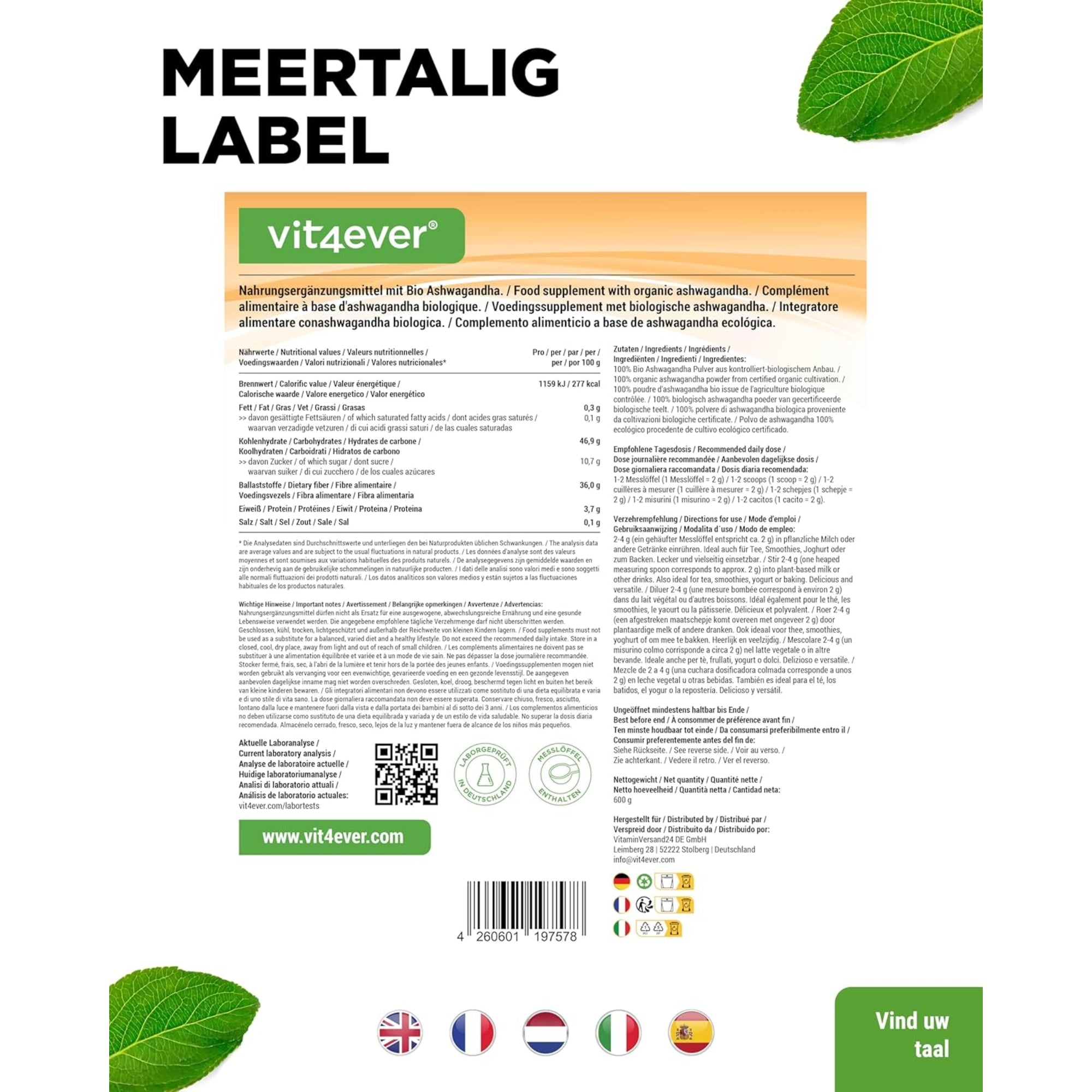 Ashwagandha Poeder Bio 600g | Vit4ever