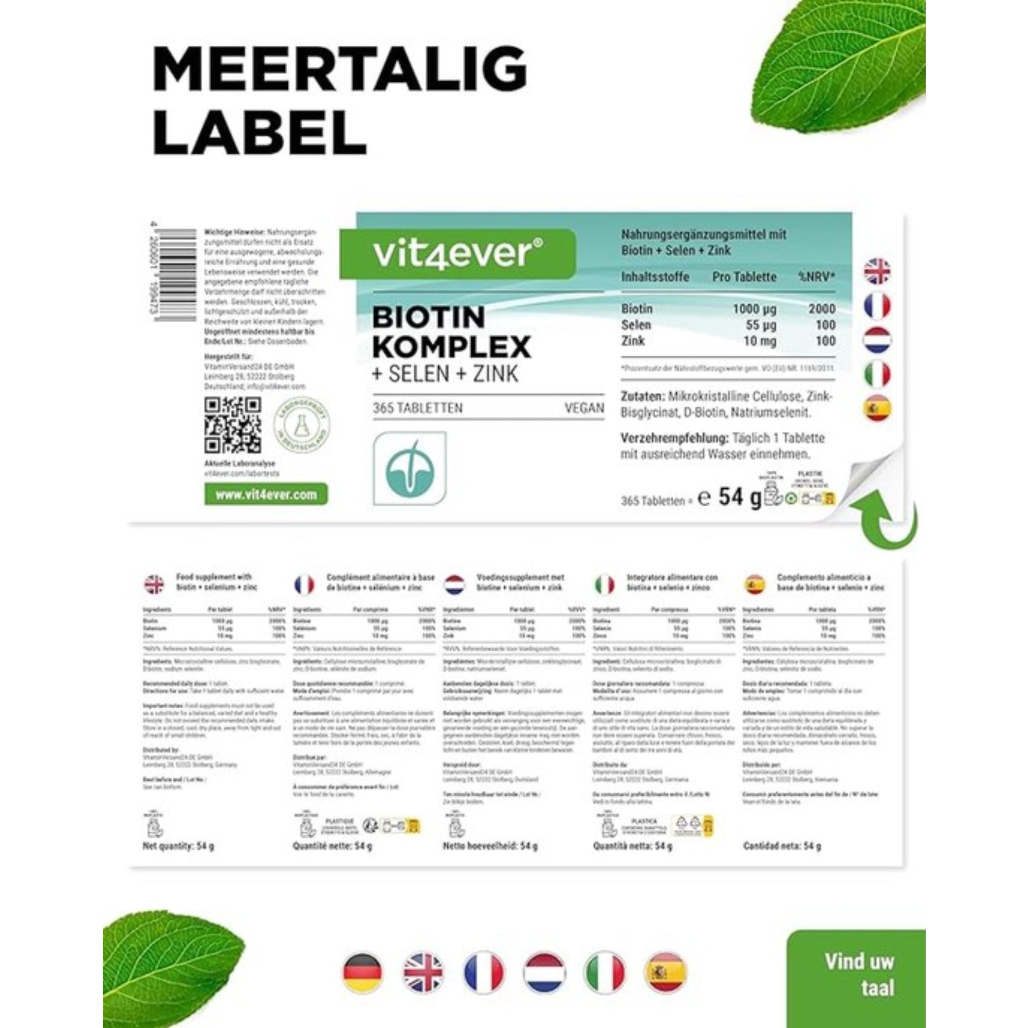 Biotine + Zink + Selenium  | 365 Tabletten | Vit4ever