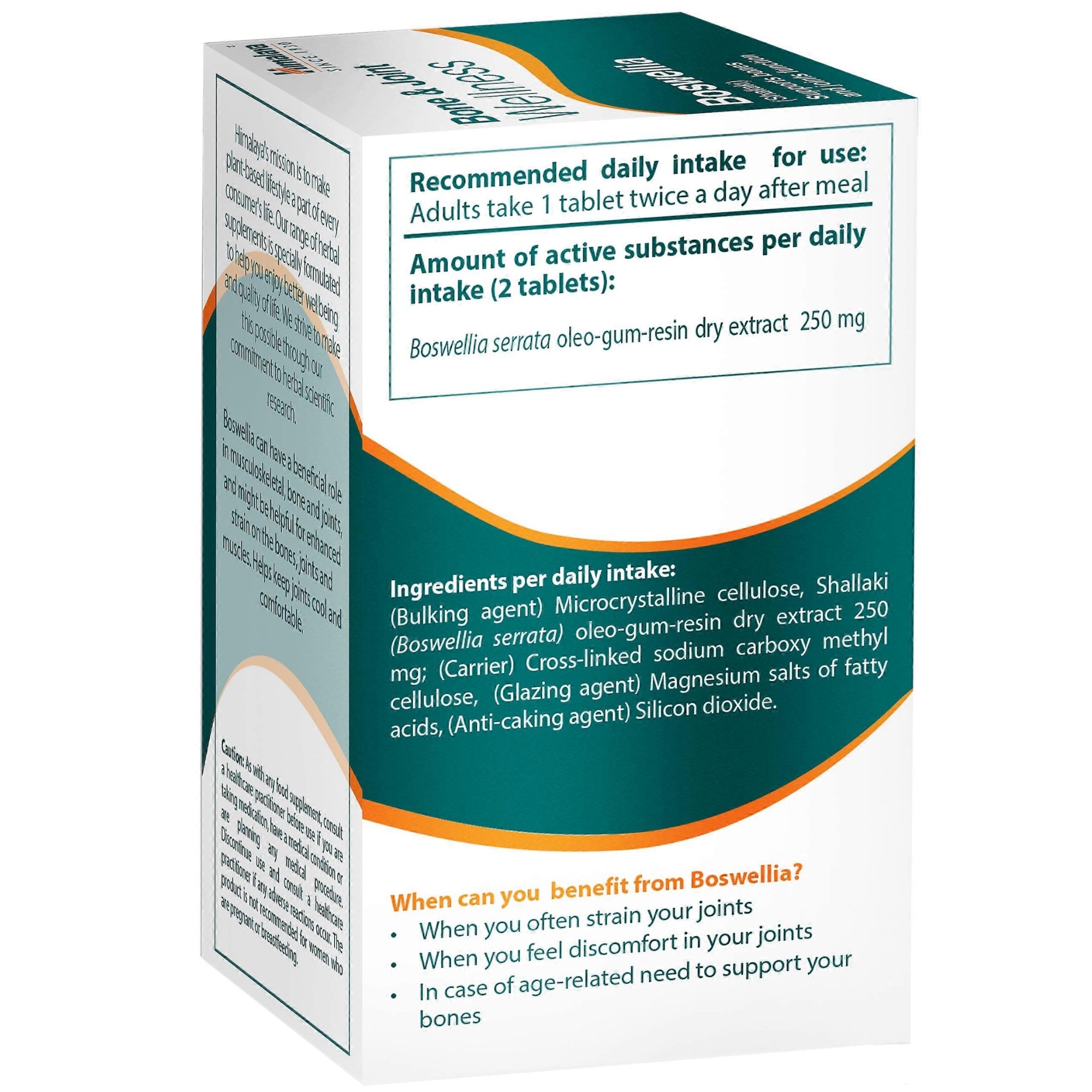 Himalaya Boswellia Shallaki achterkant - gebruiksaanwijzing 2 tabletten per dag na maaltijd, ingrediëntenlijst en gewrichtsvoordelen
