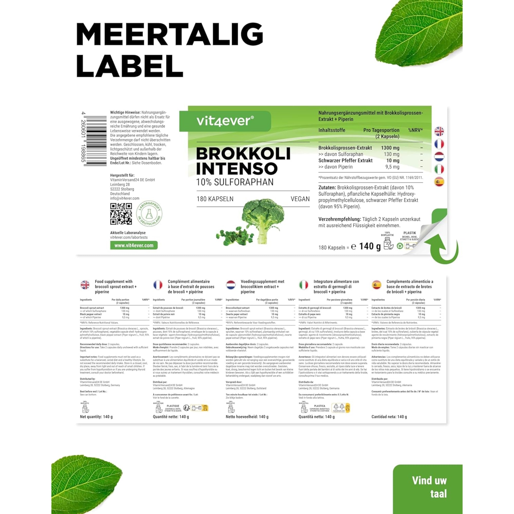 Brokkoli Intenso (Broccoli Sprout Extract + Piperine) 1200mg | 180 capsules | Vit4ever