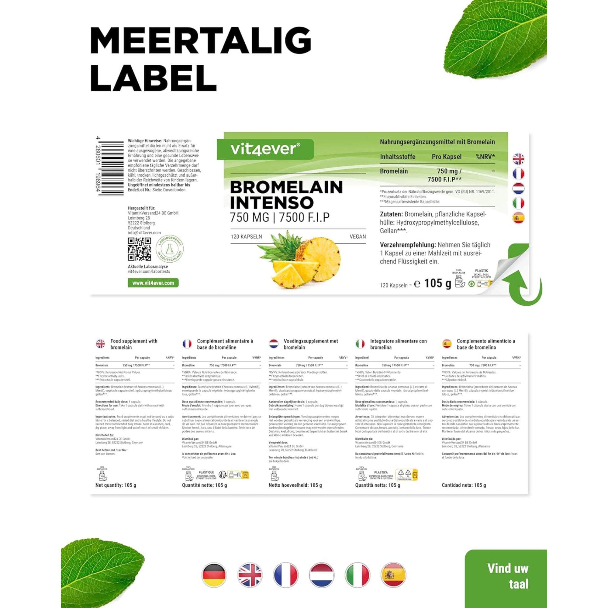 Bromelain 7.500 FIP | 120 Kapseln | Vit4ever