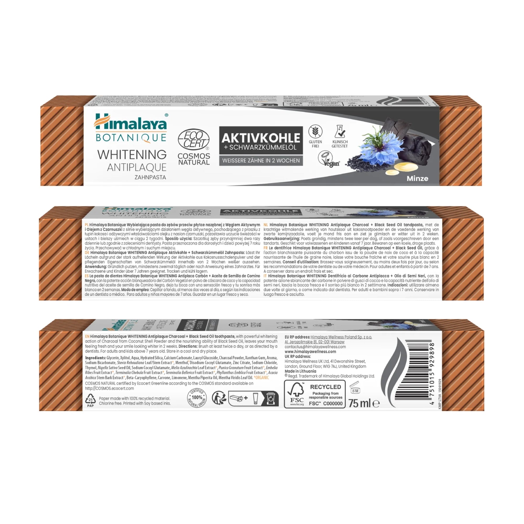 Himalaya Botanique Whitening Antiplaque Charcoal + Black Seed Oil Toothpaste | 75ml | Himalaya