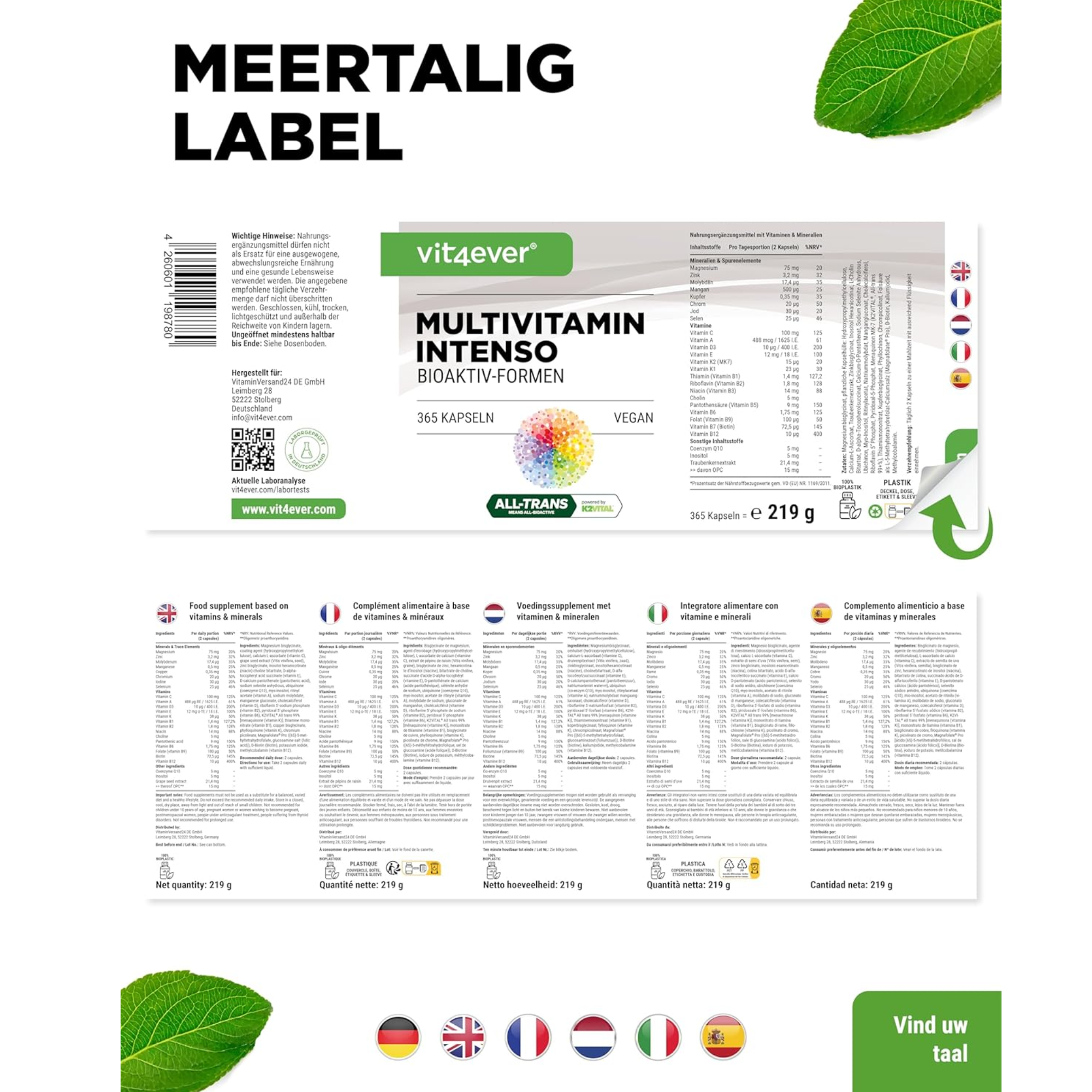 Vit4ever Premium Multivitamin AZ – 365 hochdosierte Kapseln mit bioaktiven Formen und Markeninhaltsstoffen – Vitamine + Mineralstoffe – Vegan