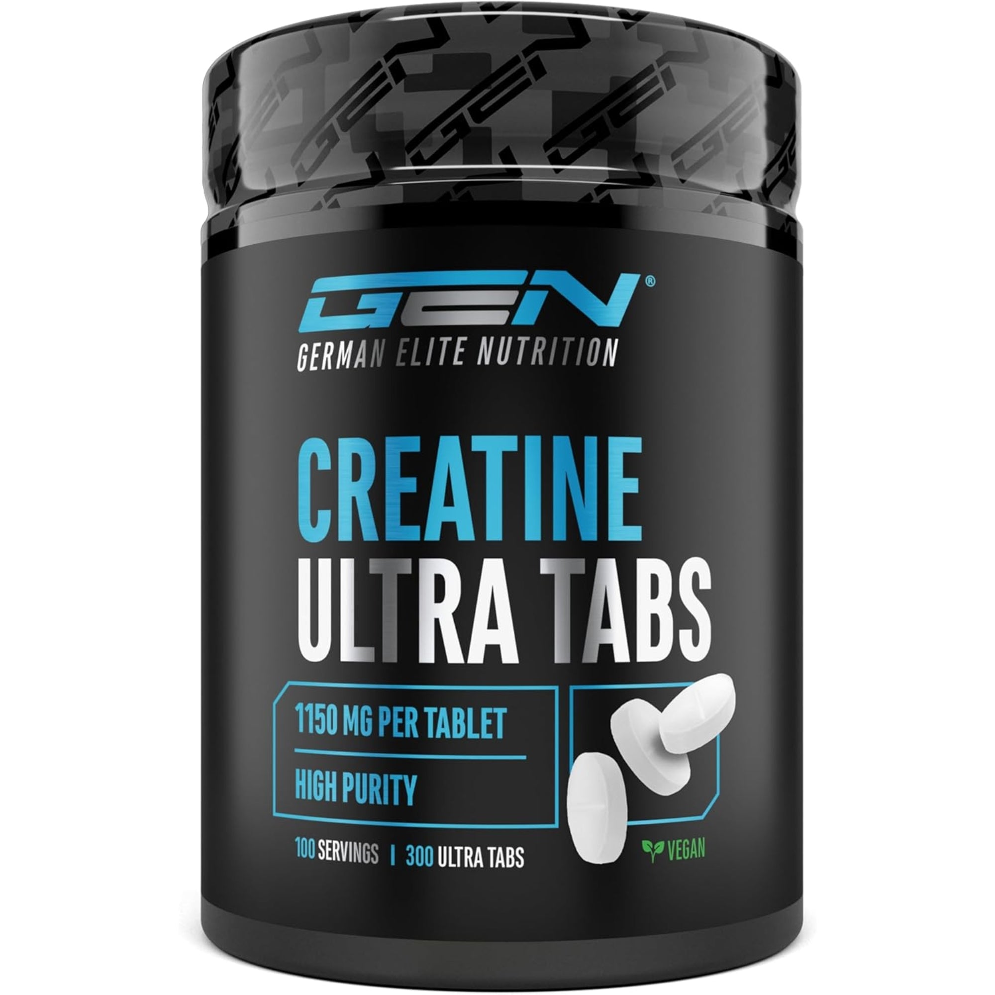 GEN German Elite Nutrition Creatine Ultra Tabs 300 tabletten vooraanzicht op witte achtergrond, 1150 mg per tablet, high purity, vegan