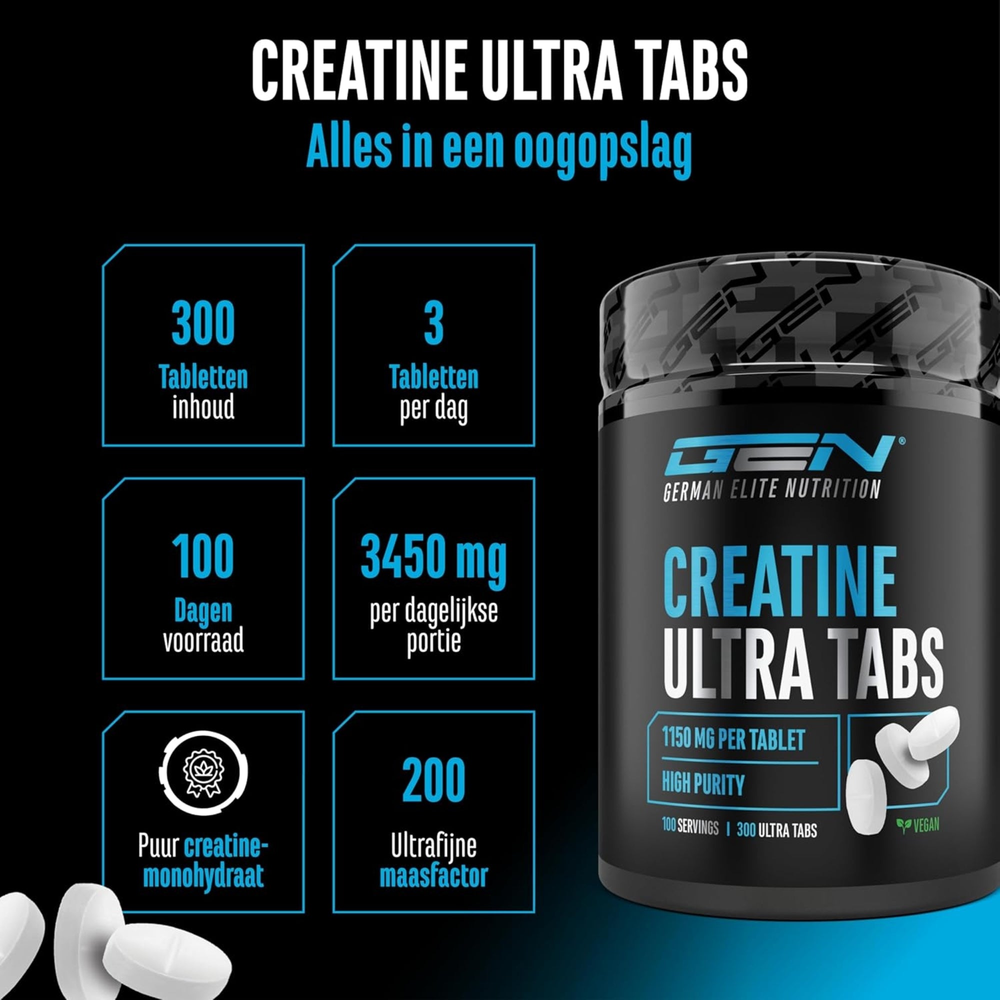 GEN German Elite Nutrition Creatine Ultra Tabs Infographic – 300 tabs, 3 per dag, 100 dagen voorraad, 3450 mg per portie