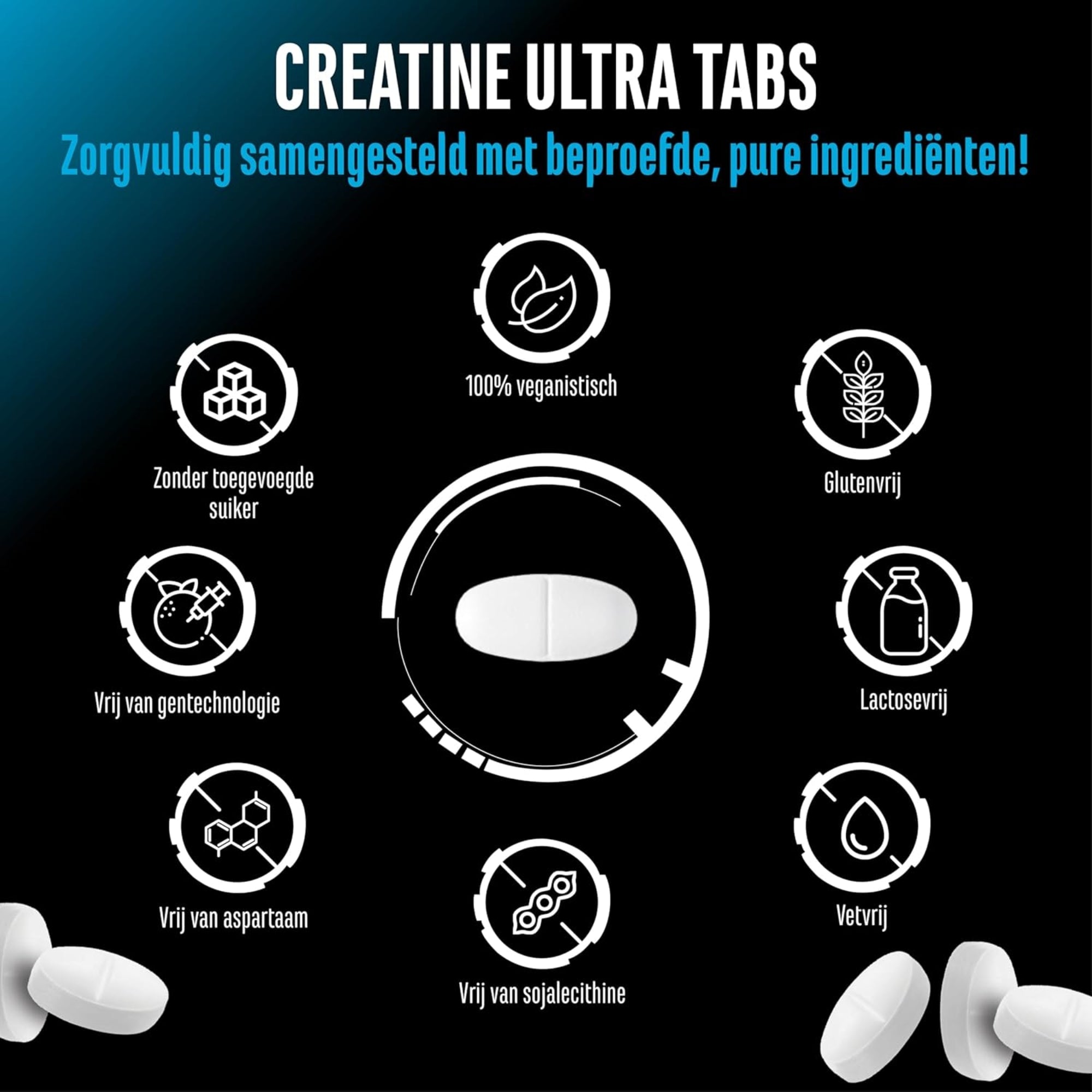 GEN German Elite Nutrition Creatine Ultra Tabs Eigenschapsicoontjes – vegan, glutenvrij, lactosevrij, aspartaamvrij, vetvrij