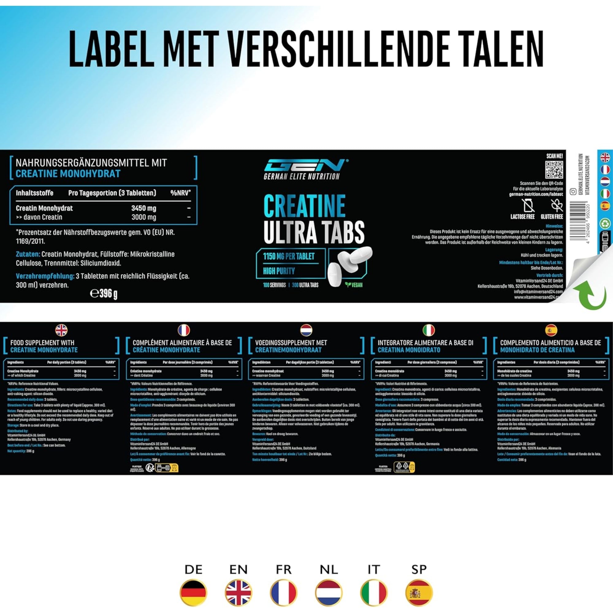 GEN German Elite Nutrition Creatine Ultra Tabs Etiket uitgevouwen in 6 talen: DE, EN, FR, NL, IT, SP