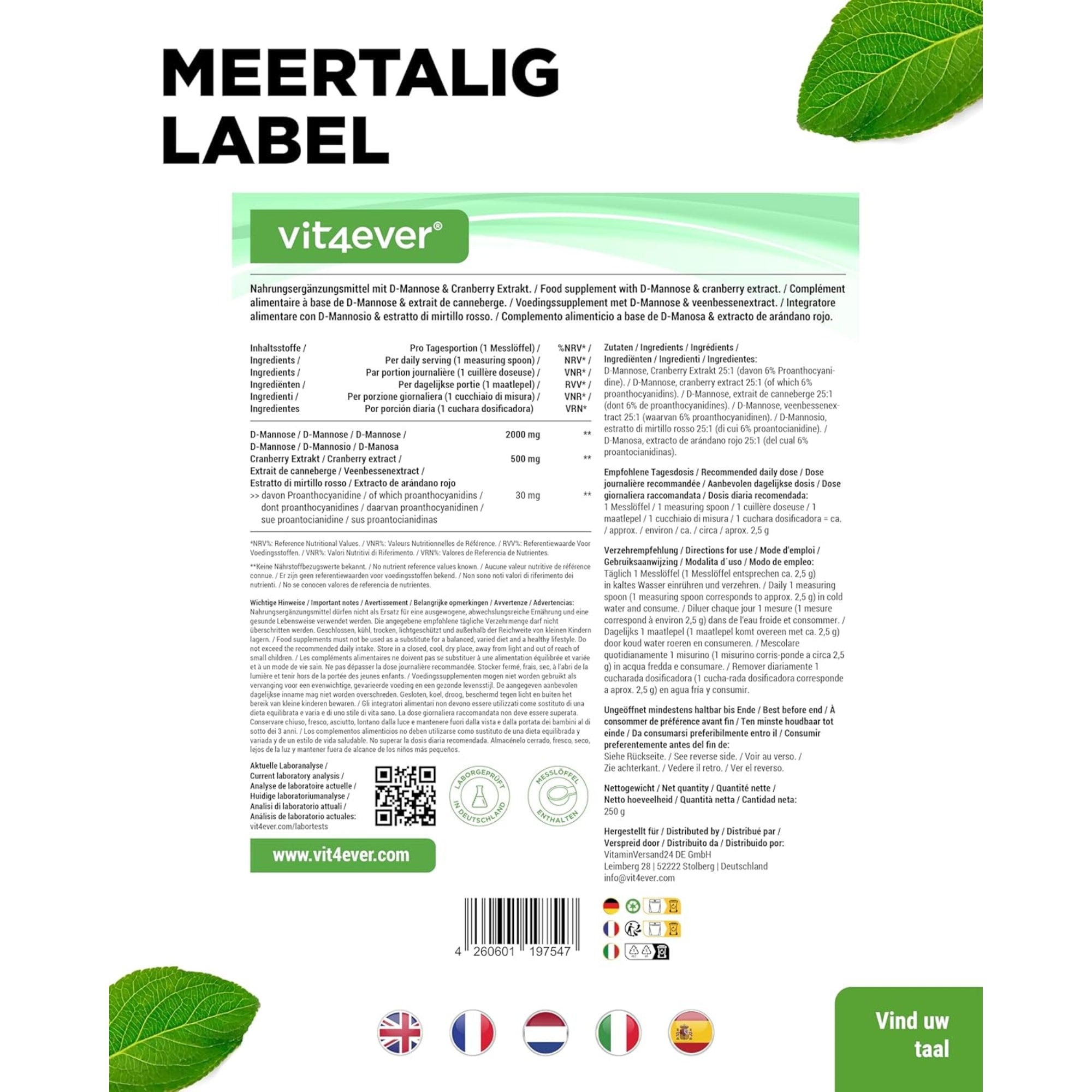 D-Mannose + Cranberry Poeder | 250 g | Vit4ever
