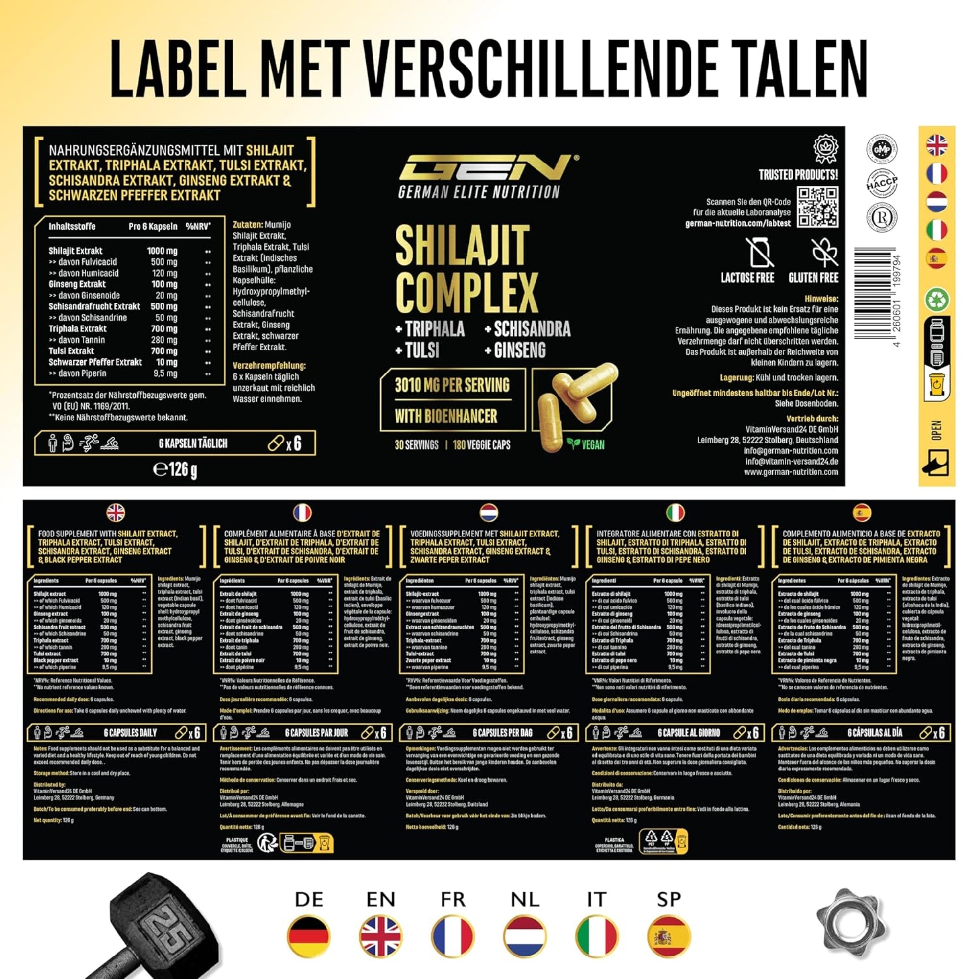 Shilajit-Komplex (Shilajit, Triphala, Tulsi, Ginseng, Schisandra und Piperin) | 180 Kapseln | Deutsche Elite-Ernährung