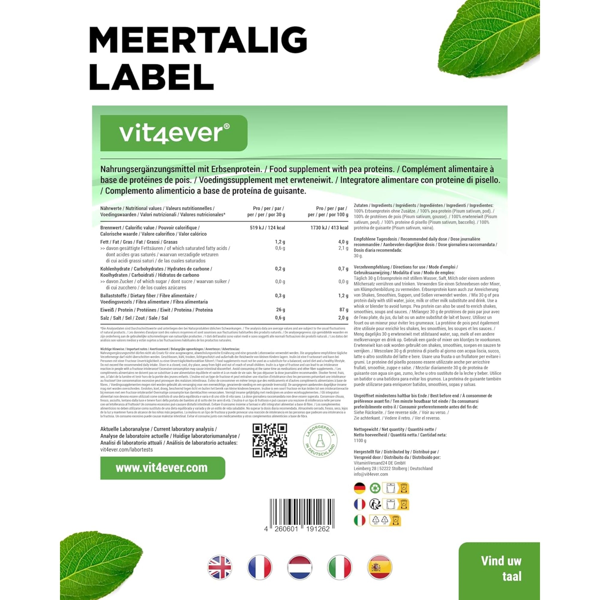 Erbsenproteinpulver | 1,1 kg | Vit4ever 