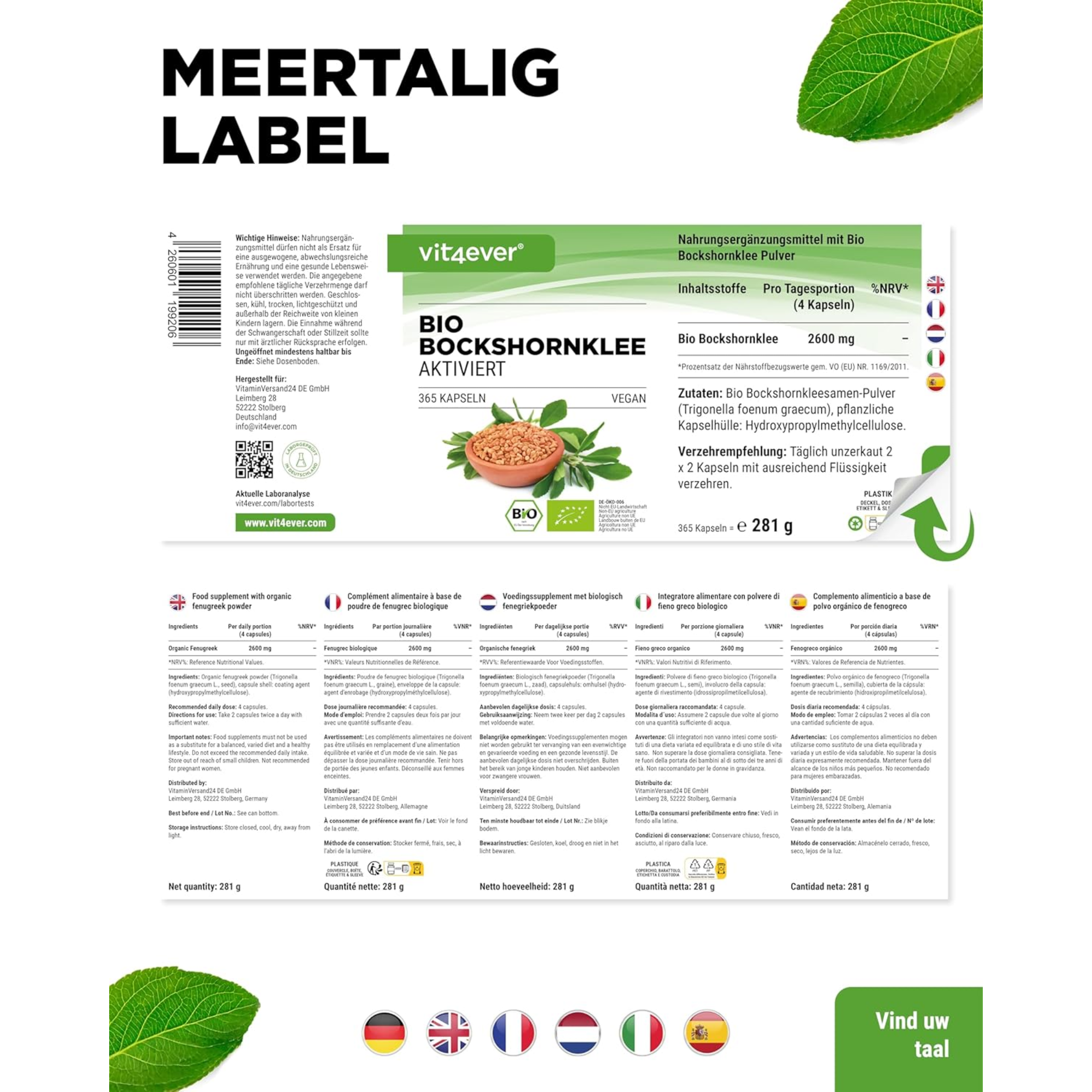 Bio Fenegriek 2600mg | 365 capsules | Vit4ever
