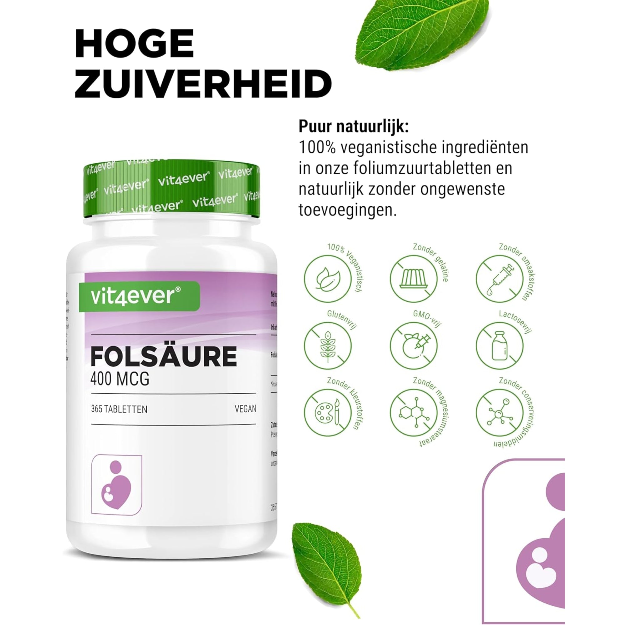 Foliumzuur 400 mcg | 365 Tabletten | Vit4ever