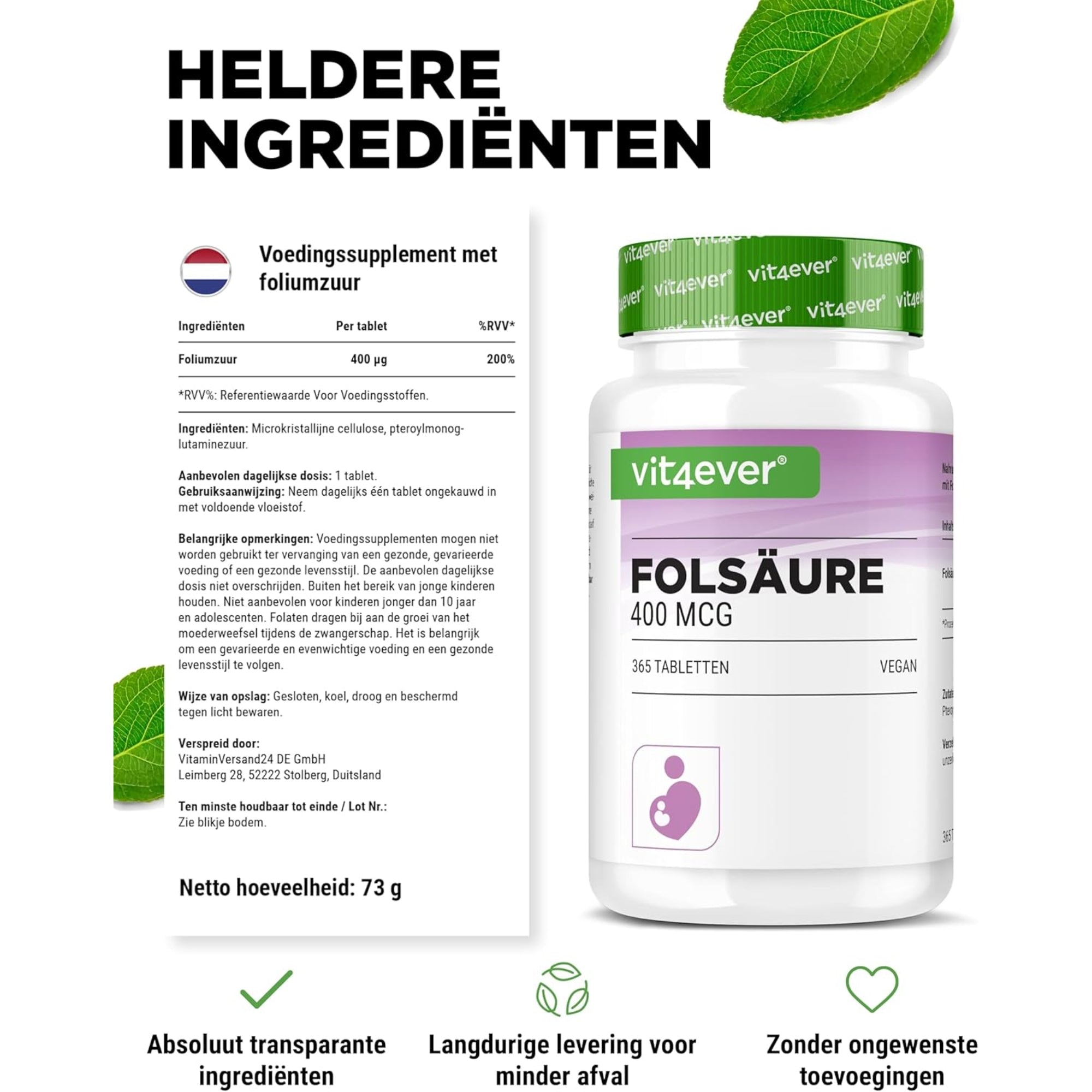Foliumzuur 400 mcg | 365 Tabletten | Vit4ever