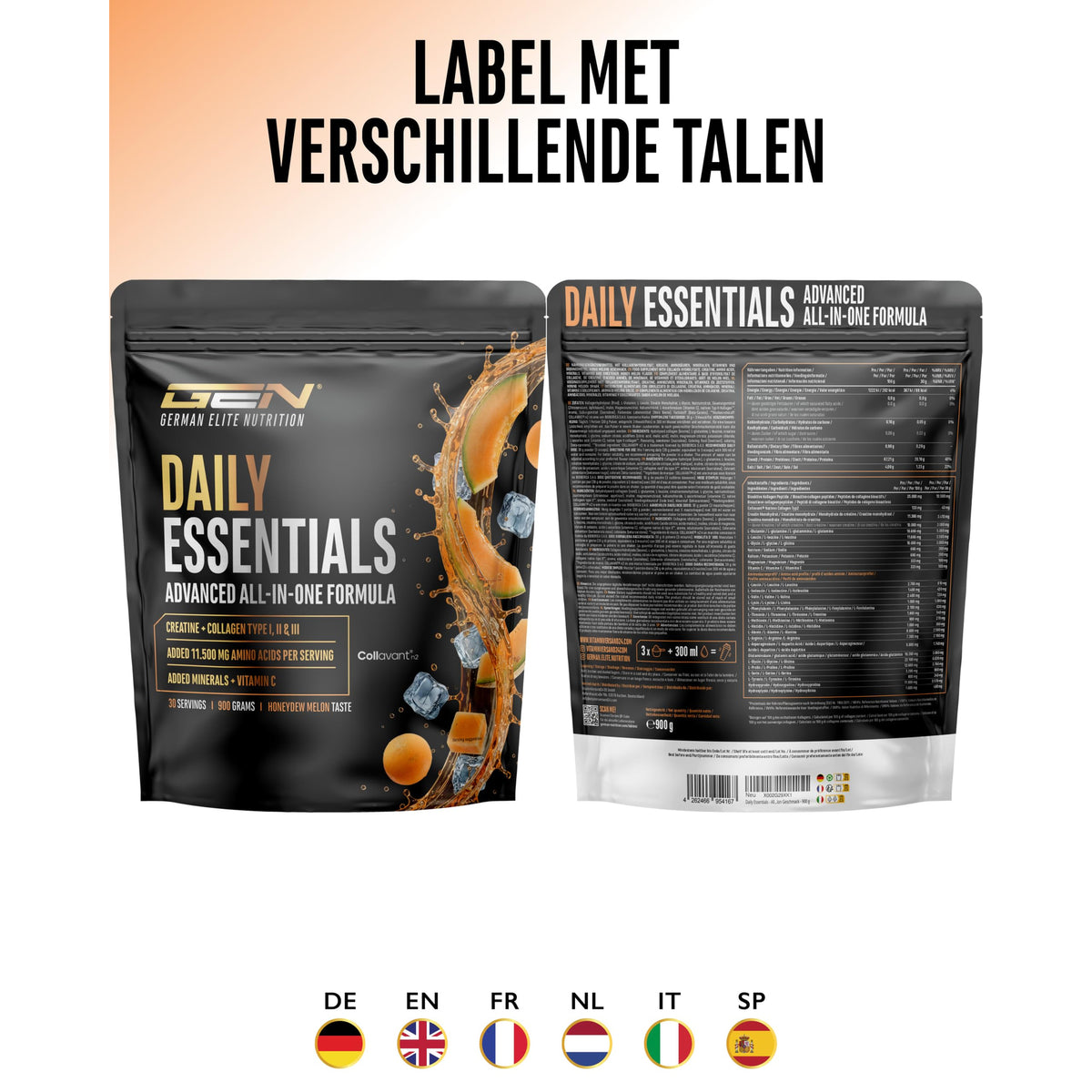 GEN Daily Essentials Creatine + Collageen Honingmeloen 900 gram - ingrediëntenlijst op de verpakking