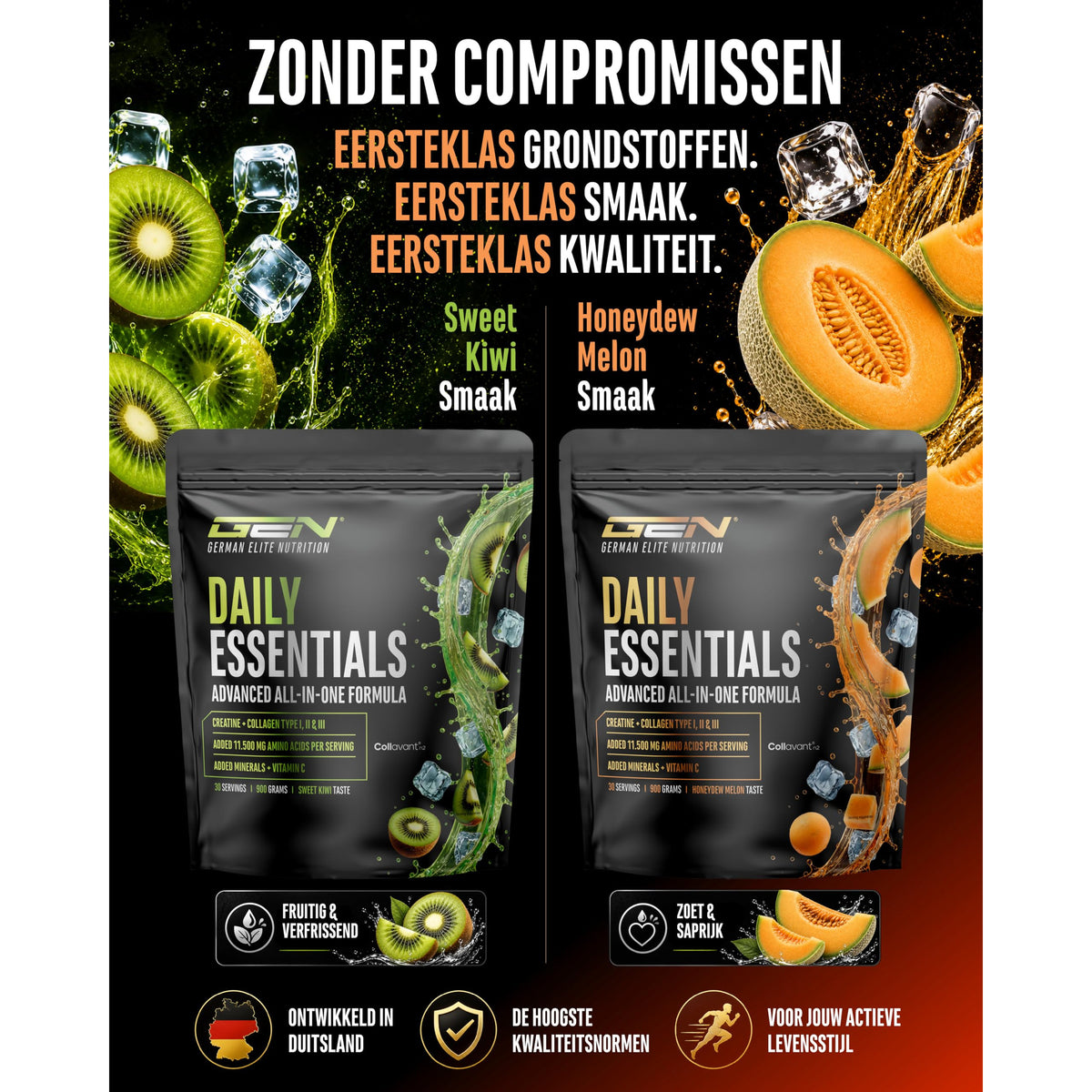 GEN Daily Essentials Creatine + Collageen Honingmeloen 900 gram - verpakking zijaanzicht