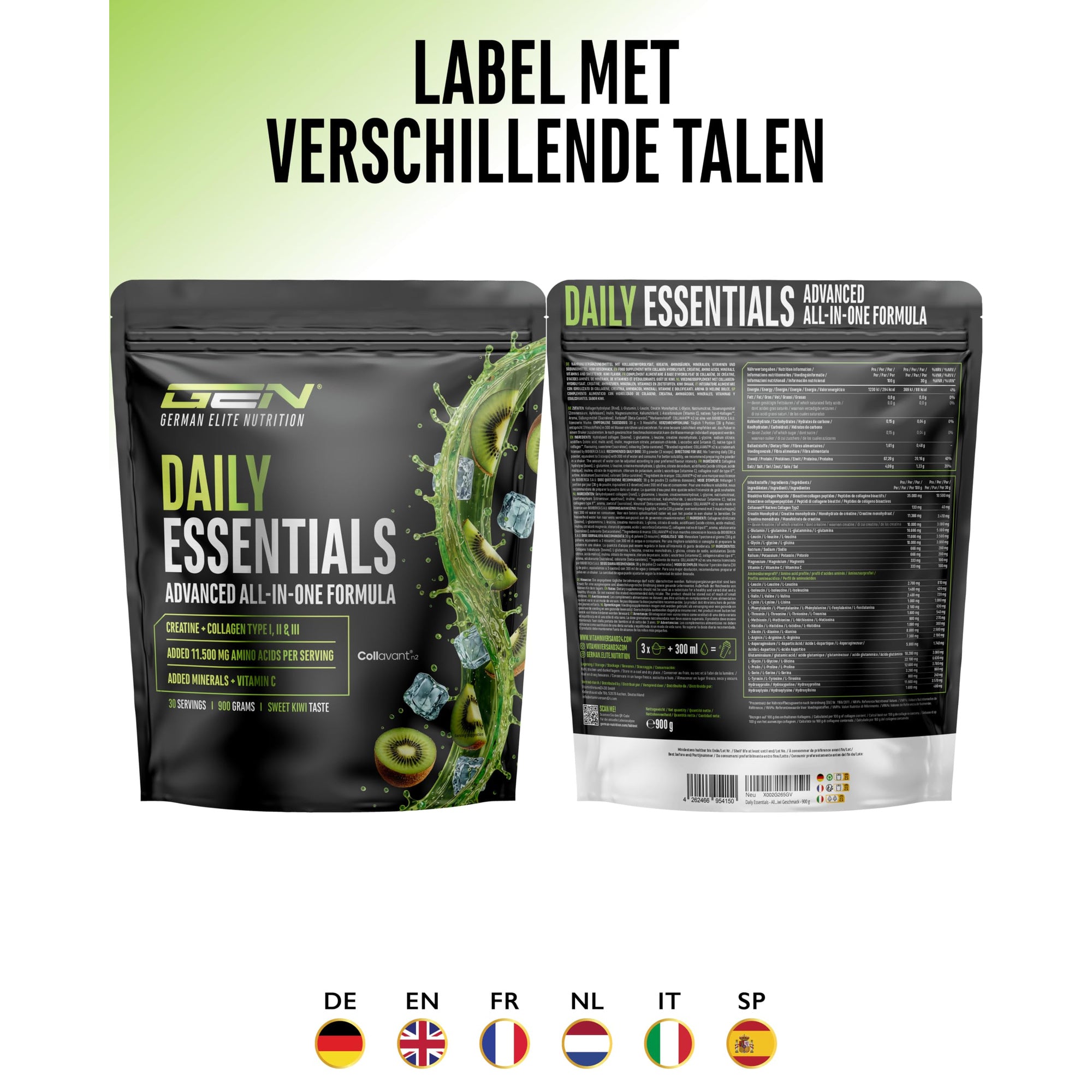 Daily Essentials Creatine + Collageen Kiwi | 900 gram | GEN