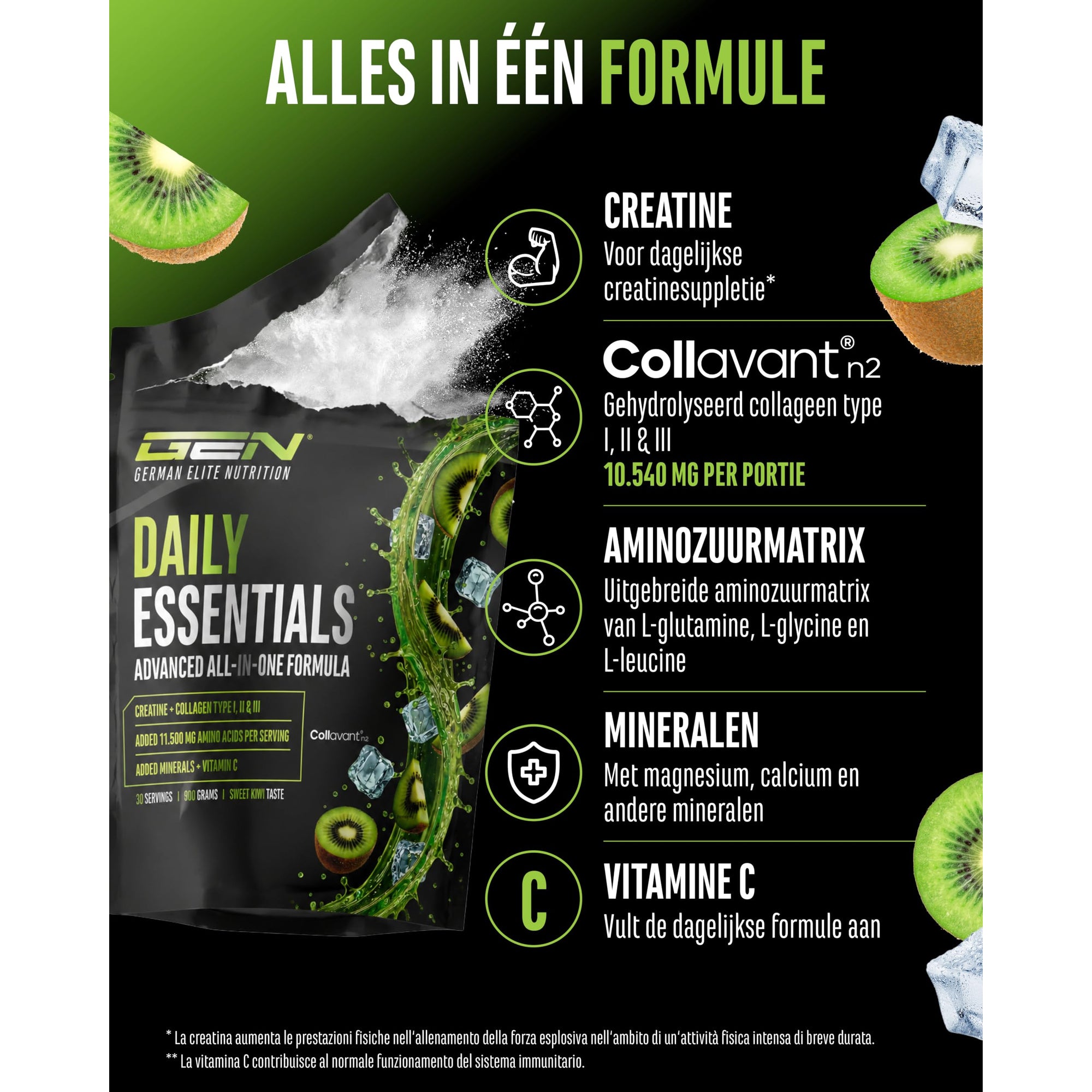 Daily Essentials Creatine + Collageen Kiwi | 900 gram | GEN