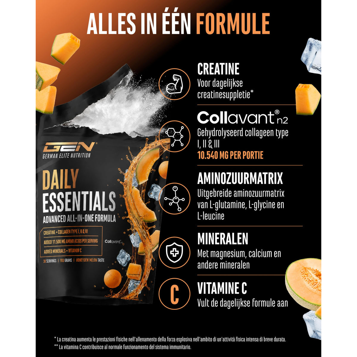 GEN Daily Essentials Creatine + Collageen Honingmeloen 900 gram - aanbevolen gebruik en dosering