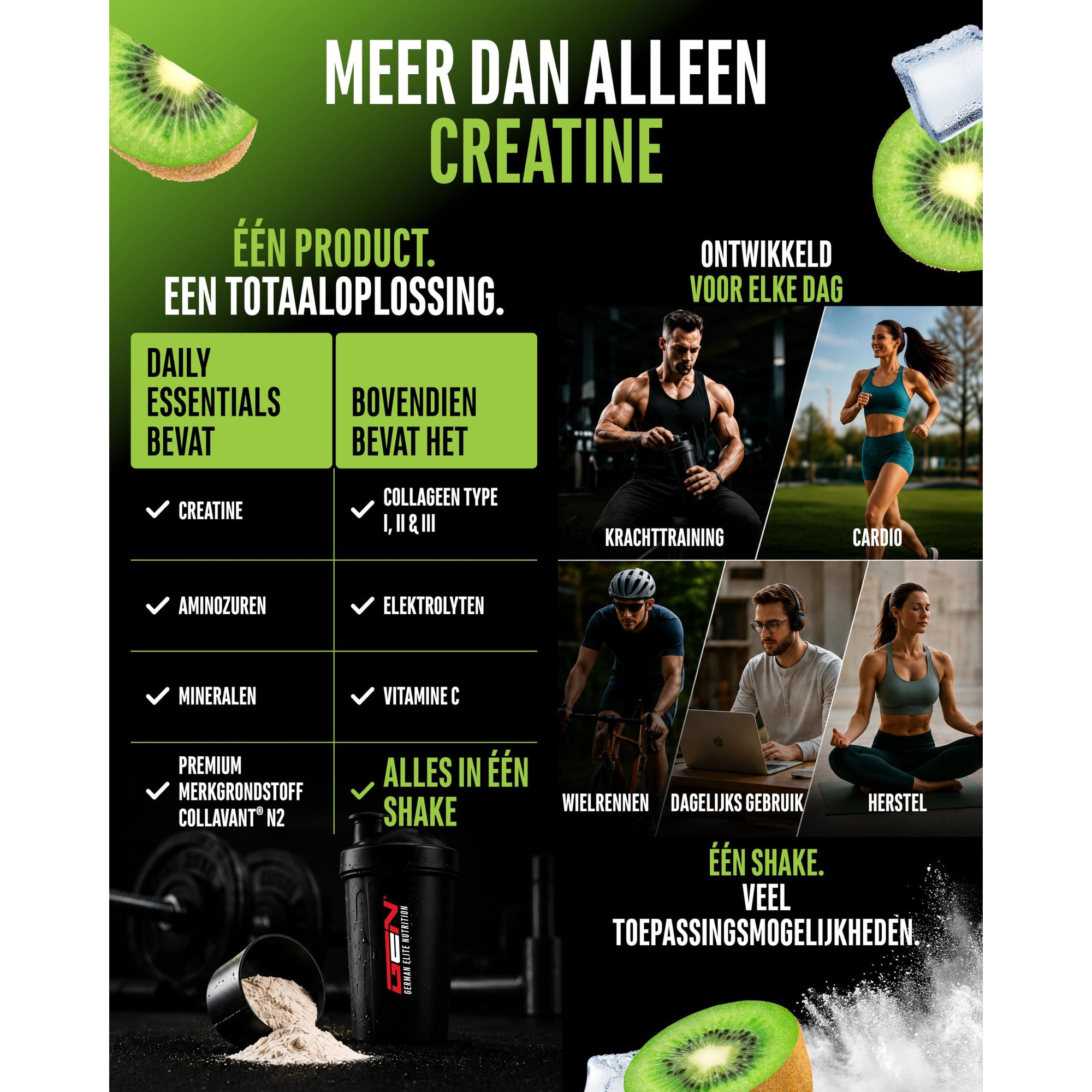 Daily Essentials Creatine + Collageen Kiwi | 900 gram | GEN