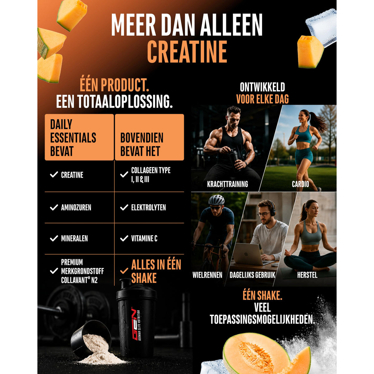 GEN Daily Essentials Creatine + Collageen Honingmeloen 900 gram - poeder van dichtbij