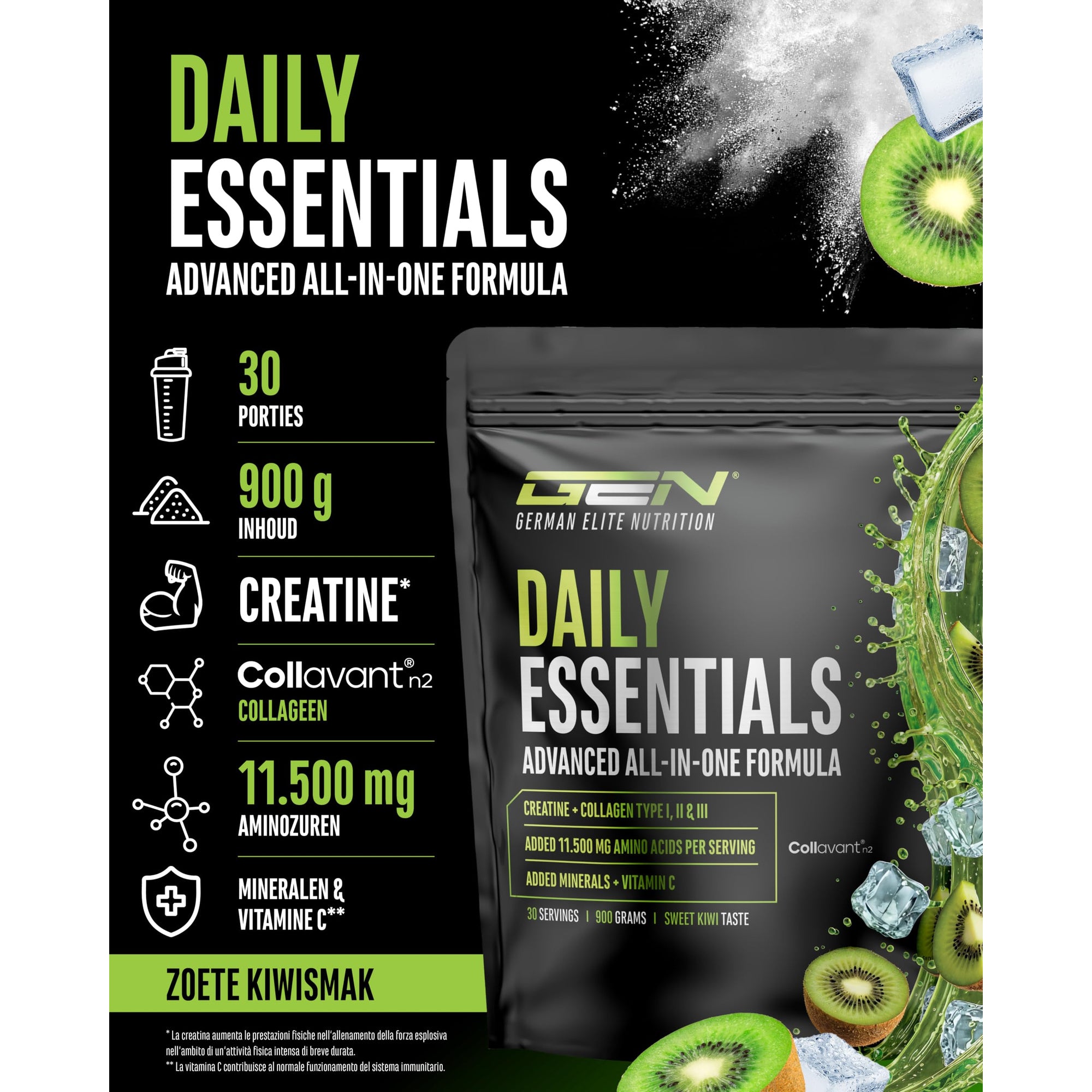 Daily Essentials Creatine + Collageen Kiwi | 900 gram | GEN