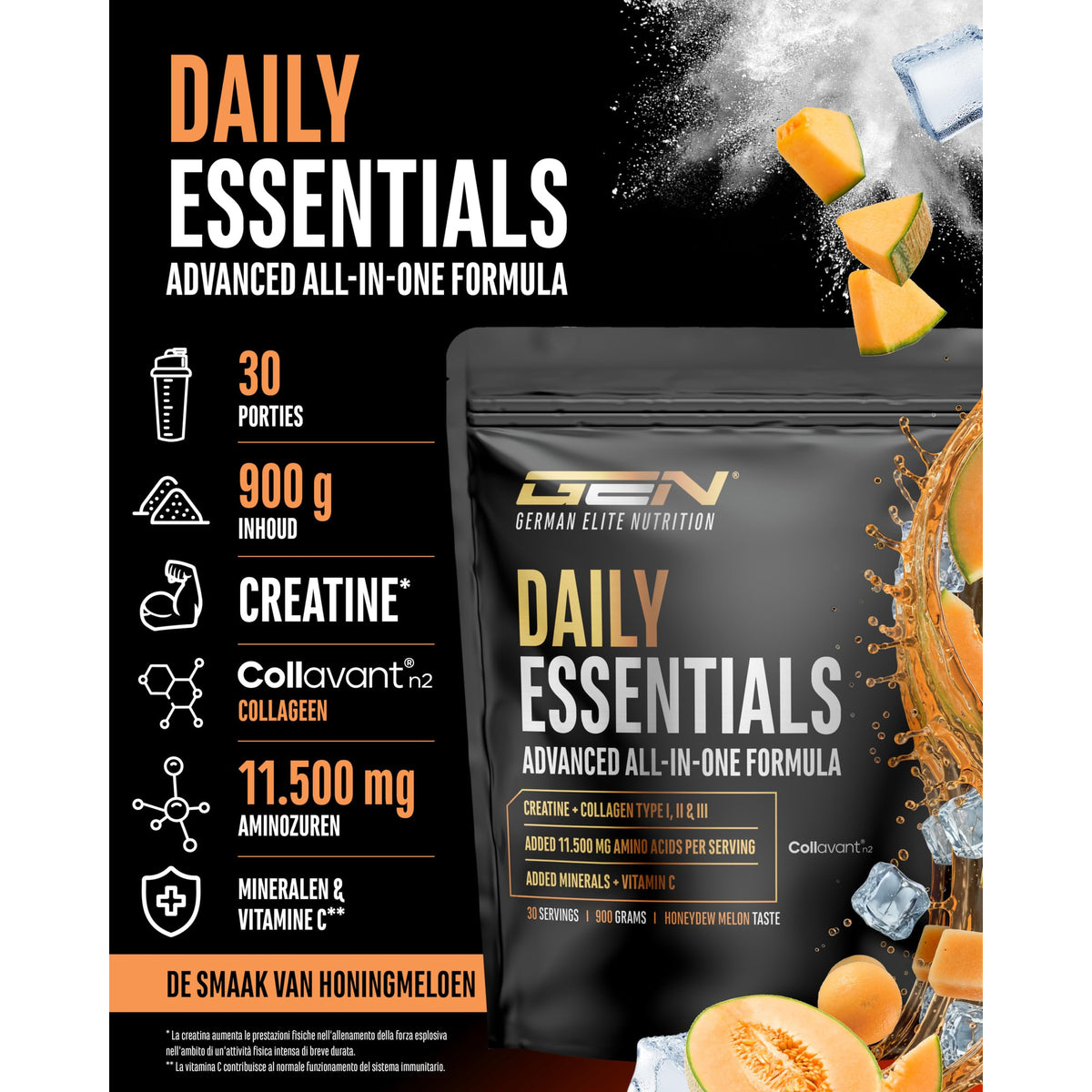 GEN Daily Essentials Creatine + Collageen Honingmeloen 900 gram - verpakking met etiket en productinformatie