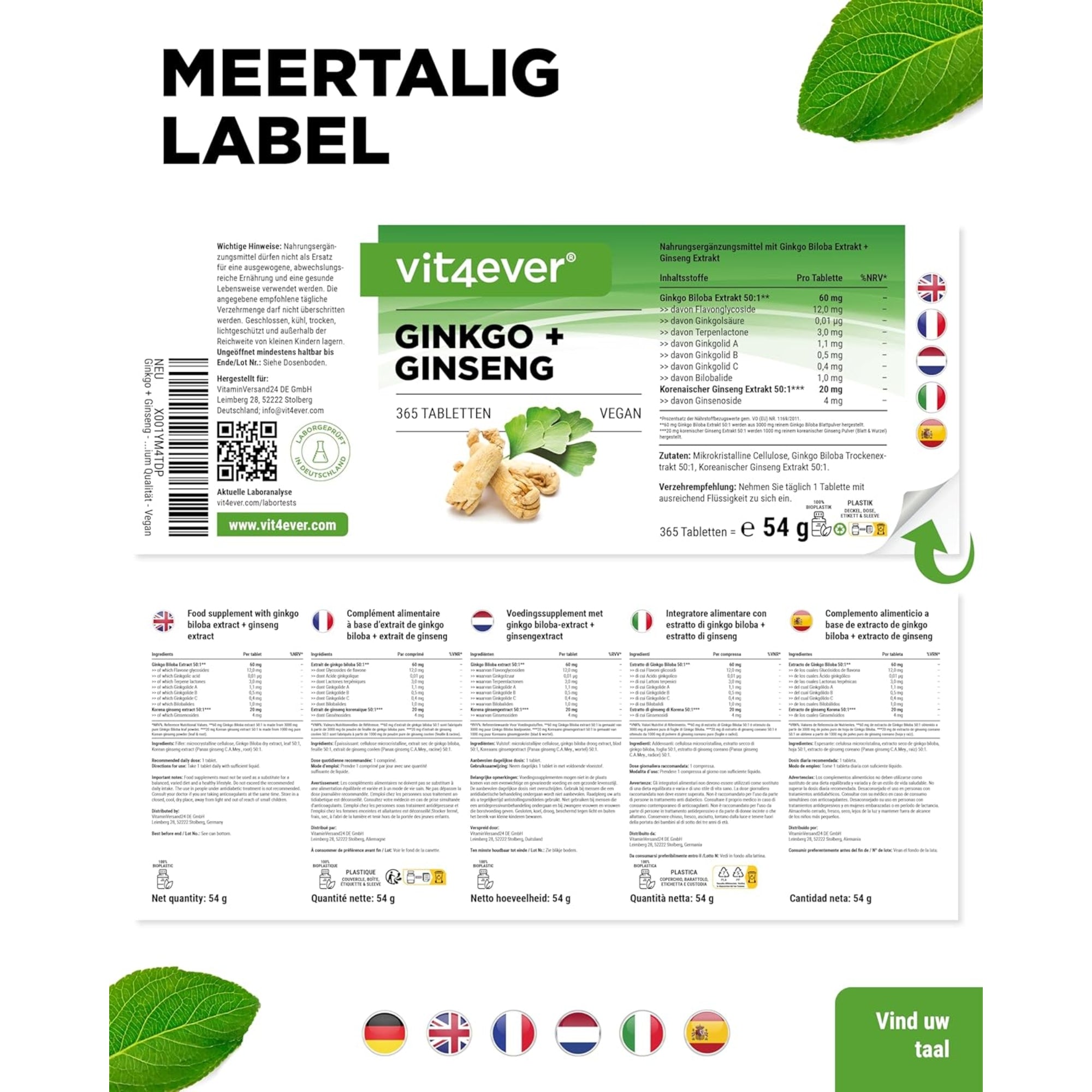 Ginkgo- und Ginseng-Extrakt 50:1 | 365 Tabletten | Vit4ever