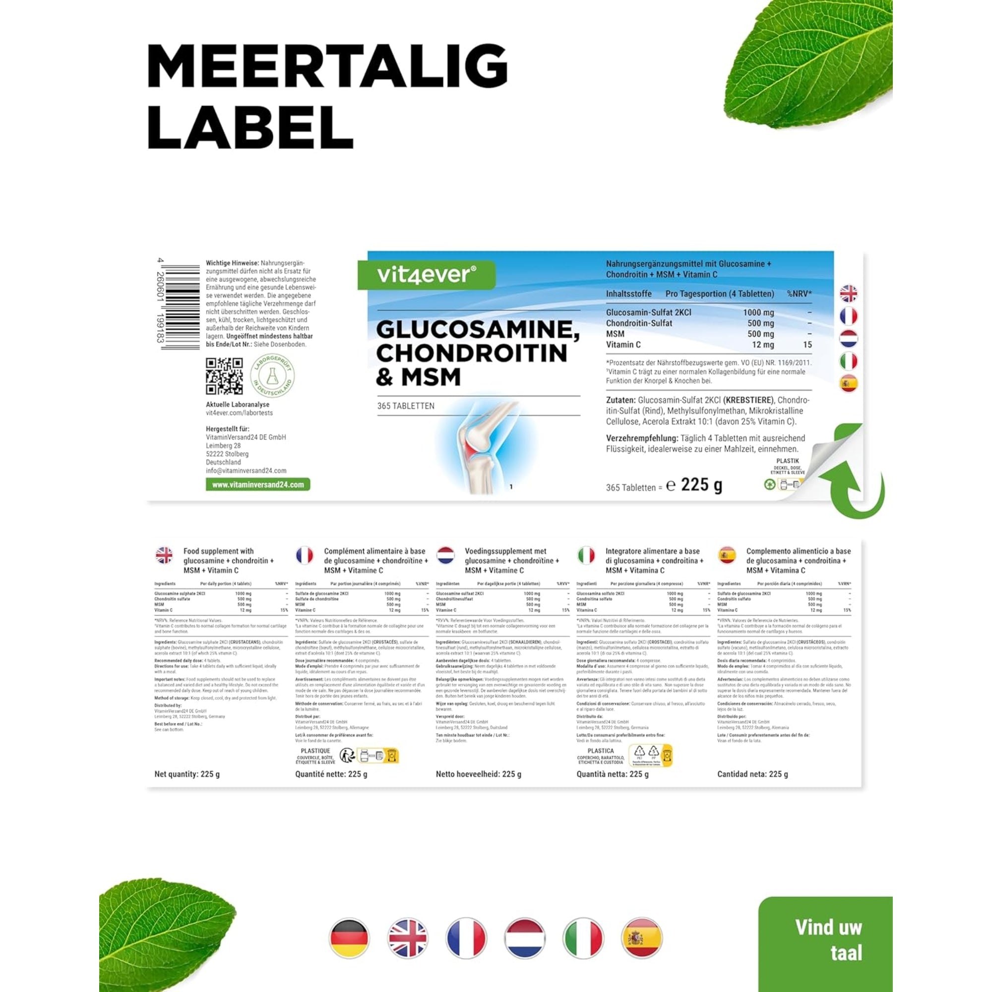 Glucosamine Chondroïtine & MSM | 365 Tabletten | Vit4ever