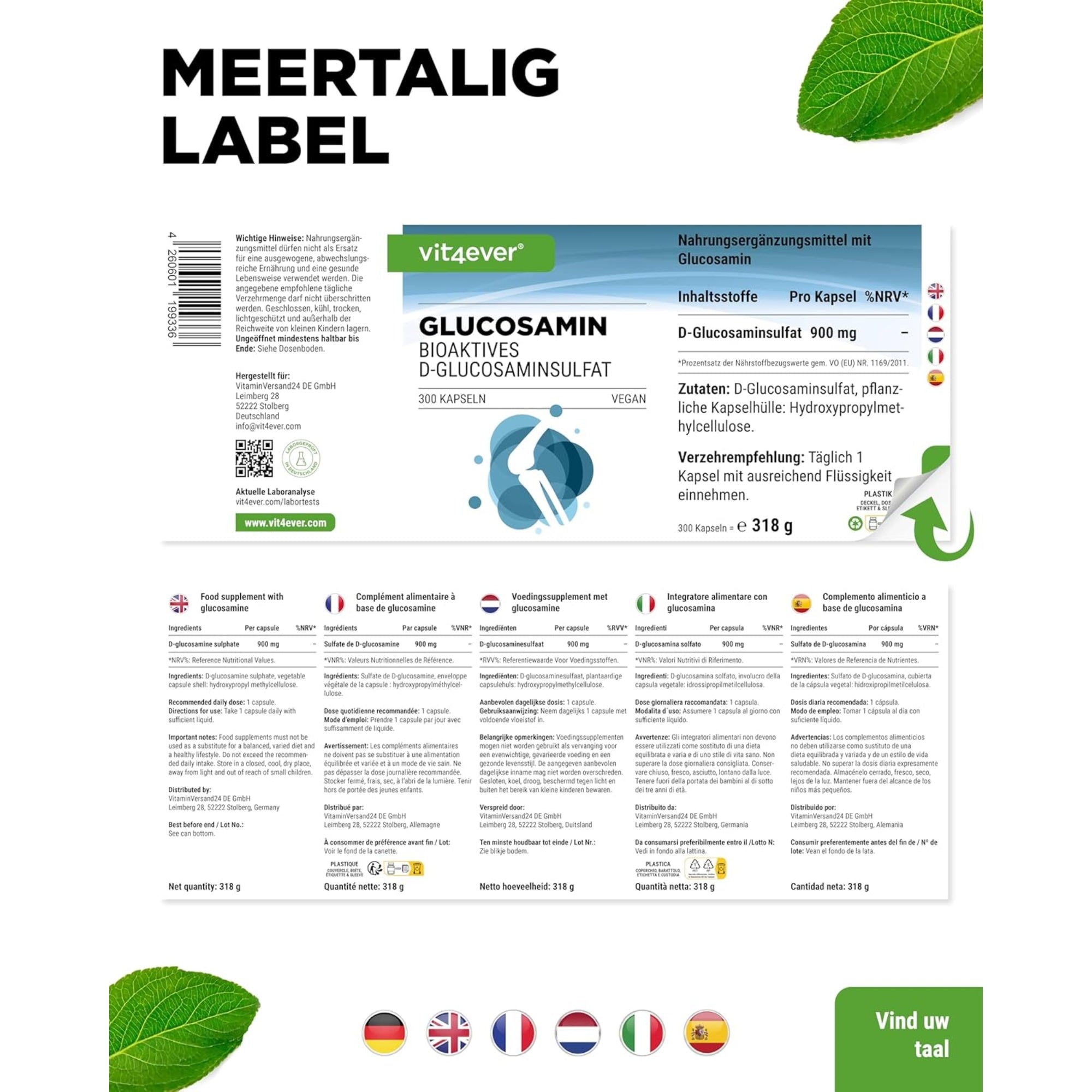 Glucosamine (D-Glucosaminesulfaat) 900mg | 300 capsules | Vit4ever