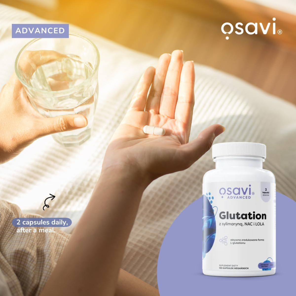 Gebruiksaanwijzing Osavi Glutathion - 2 vegancapsules dagelijks na maaltijd innemen