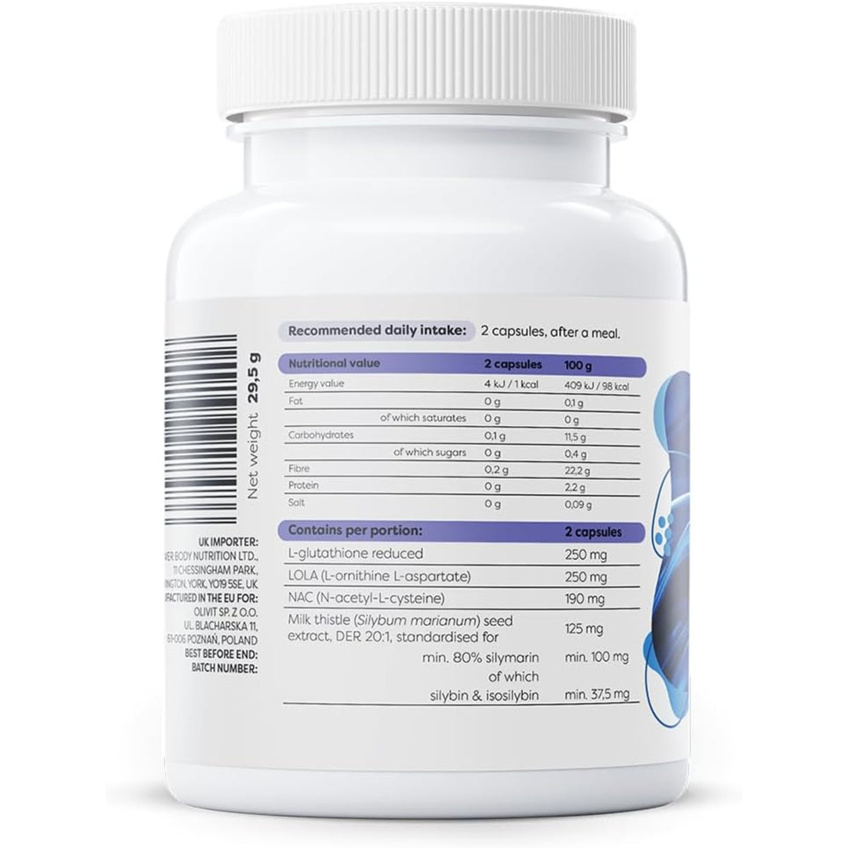 Voedingswaarden Osavi Glutathion - 250mg L-glutathion, 250mg LOLA, 190mg NAC en 125mg mariadistelextract per dagdosering
