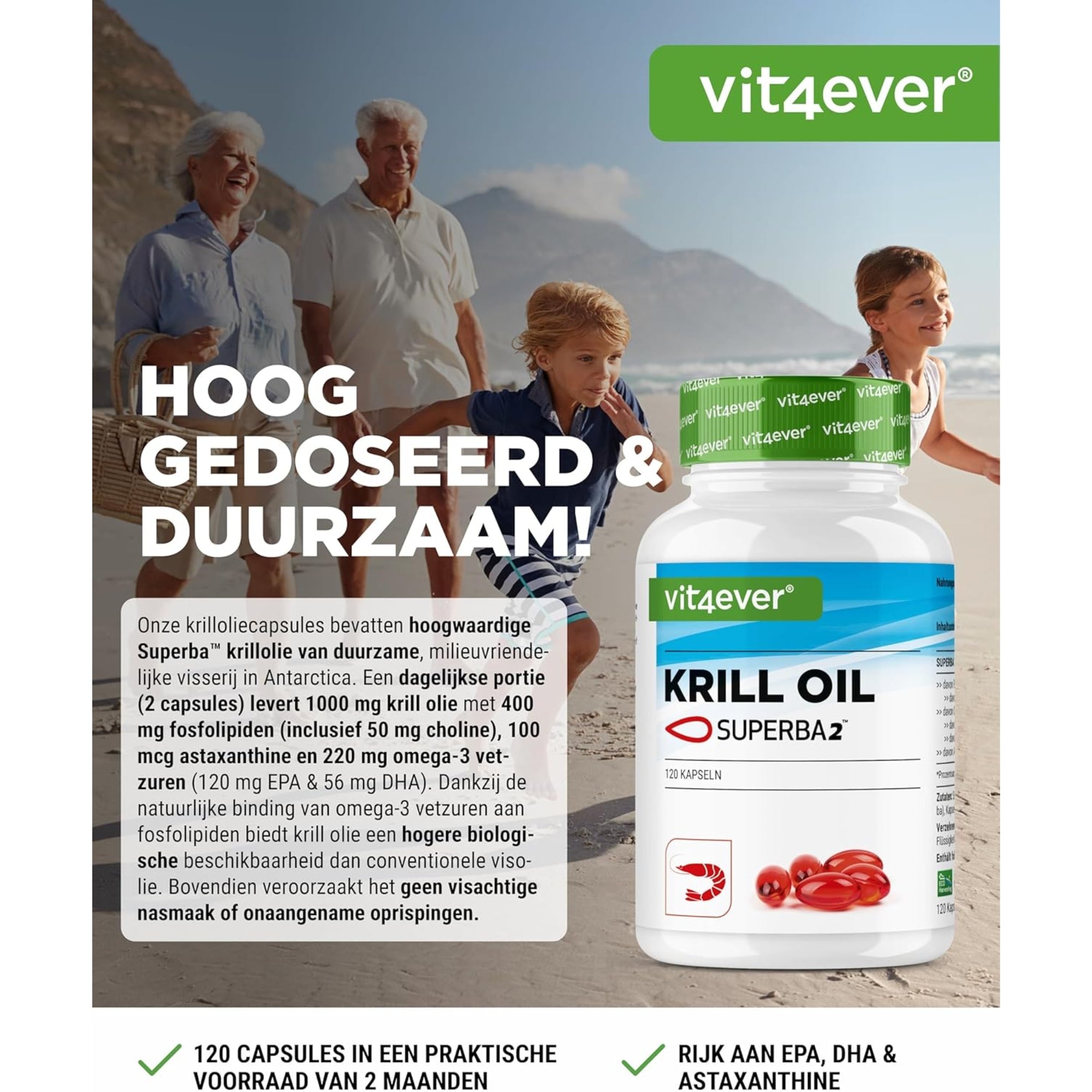 Krillolie met fosfolipiden, omega 3 & astaxanthine | 120 softgels | Vit4ever