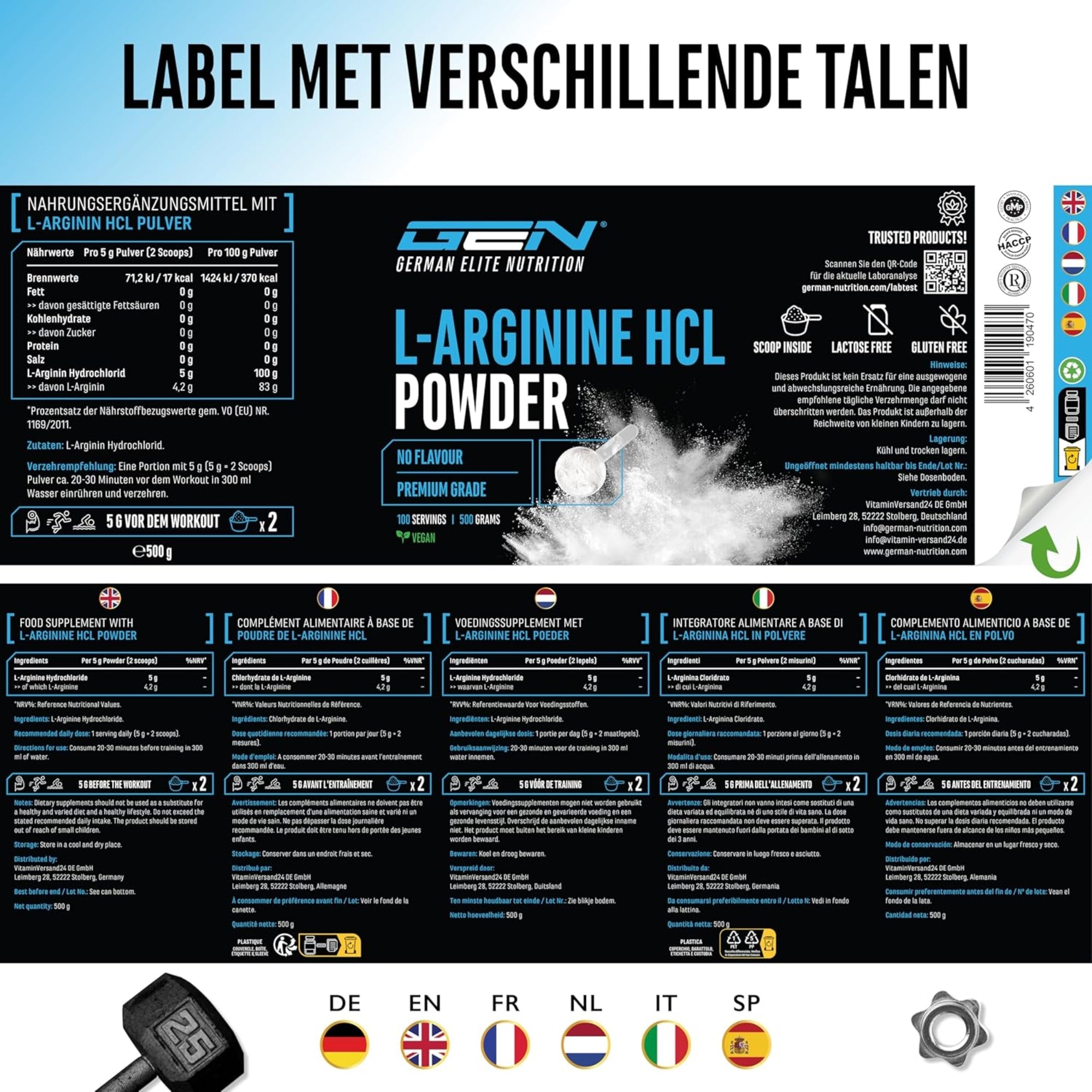L-arginine HCL poeder meertalig label GEN
