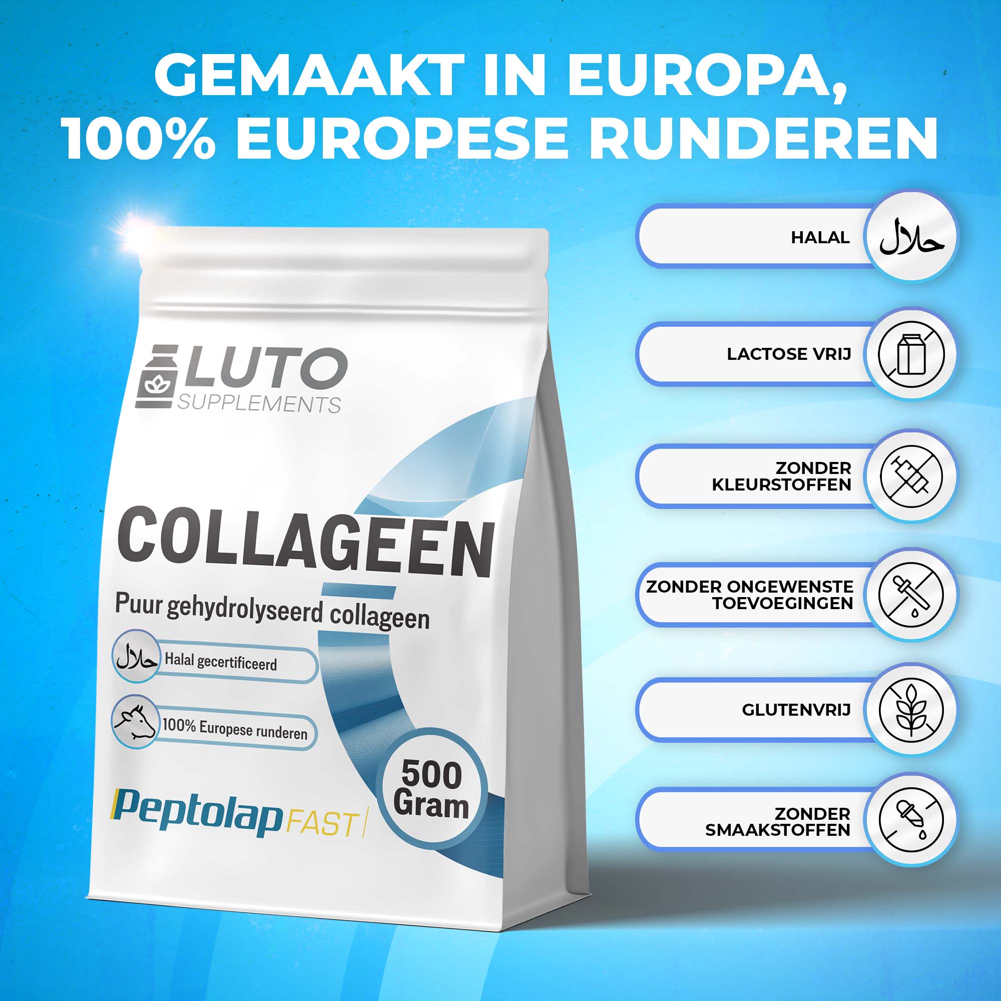 Peptolap Fast Gehydrolyseerd Halal Collageenpoeder Type I & III | 500g | LUTO Supplements