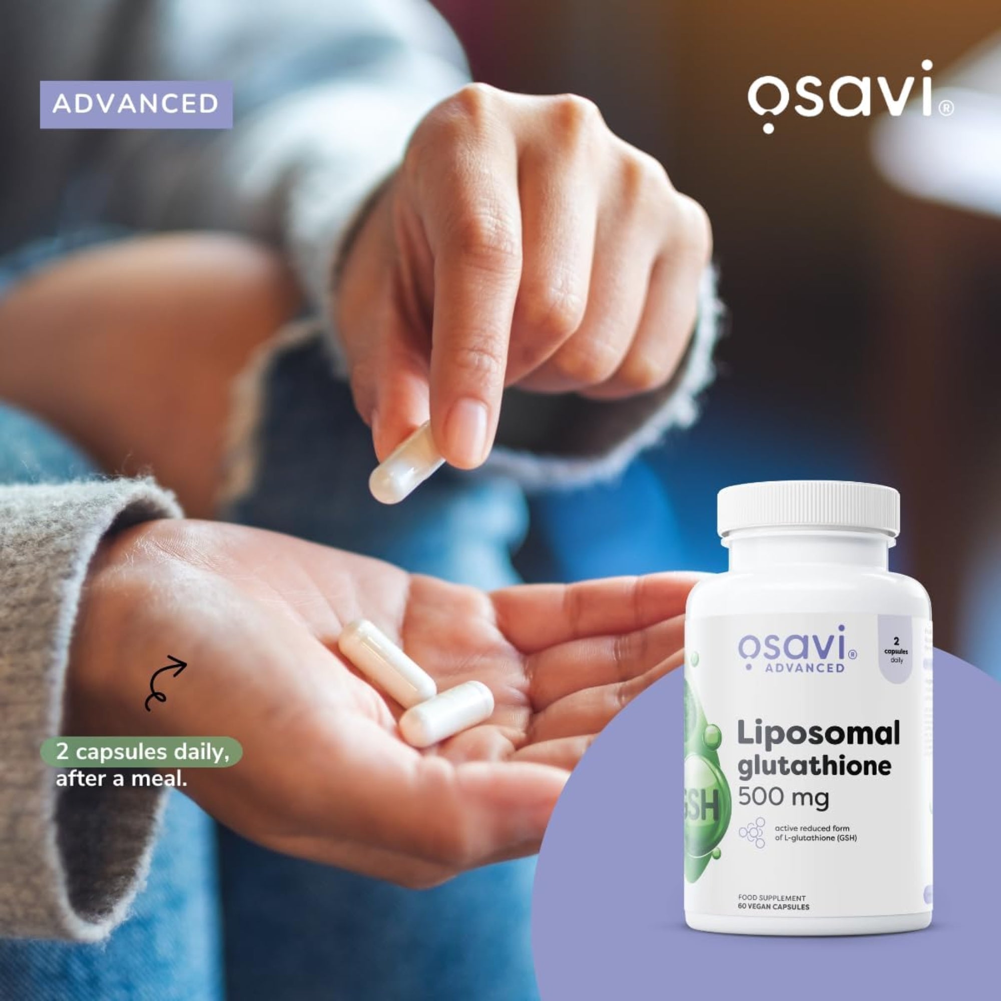 Gebruiksaanwijzing Osavi Liposomale Glutathion 500mg - 2 capsules daags na de maaltijd