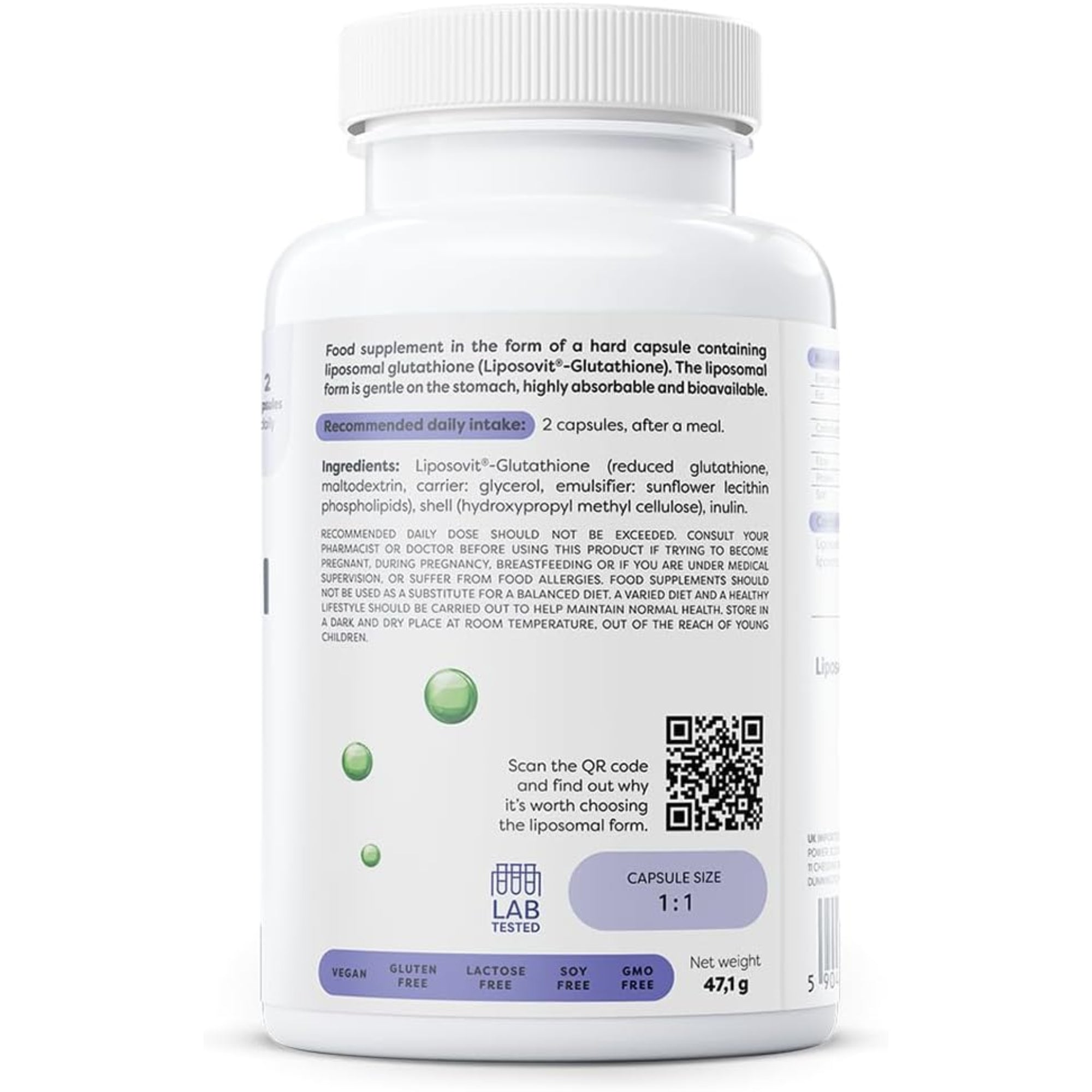 Achterkant Osavi Liposomale Glutathion 500mg - vegan, glutenvrij, lactosevrij, sojavrij en GMO-vrij supplement