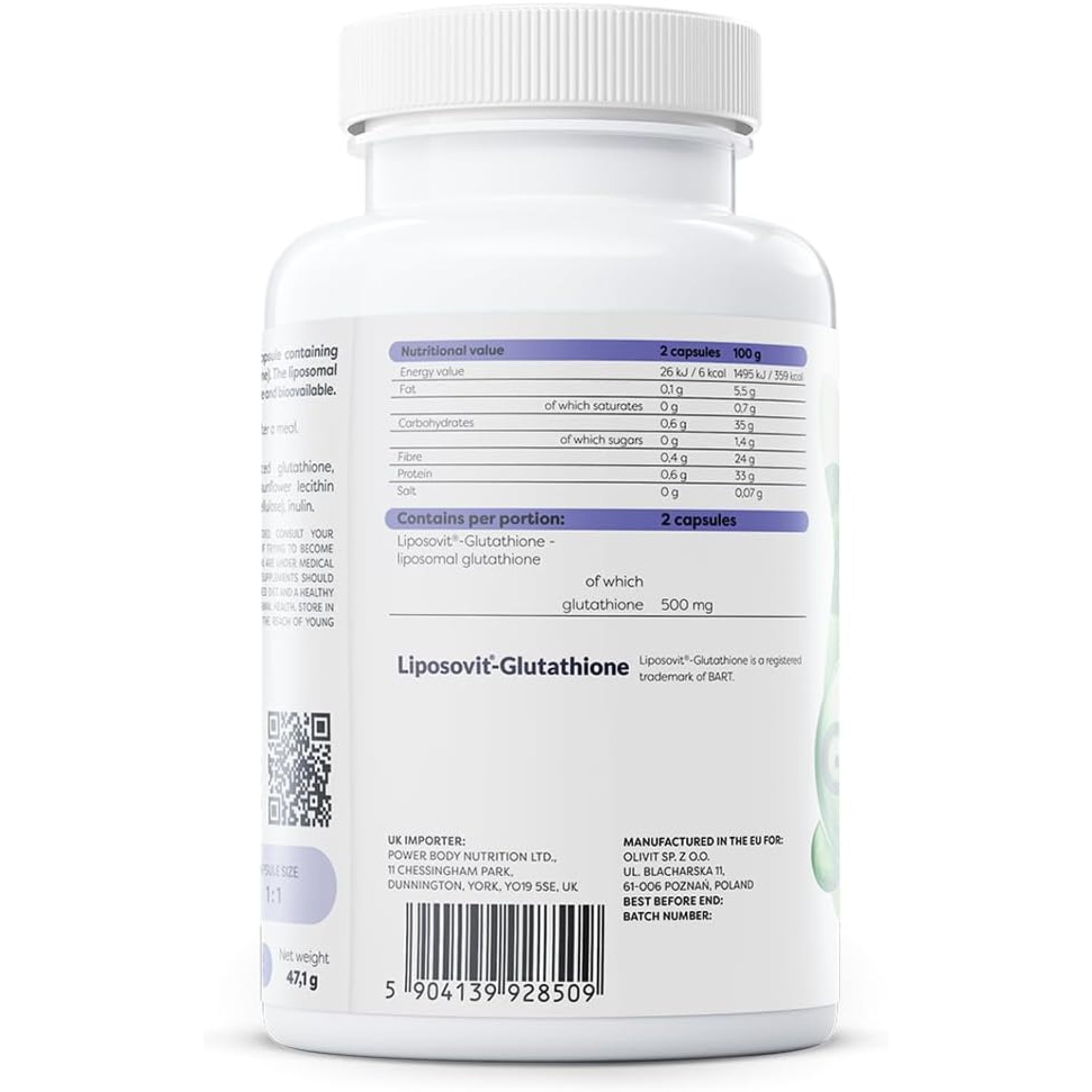 Voedingswaarden en ingredienten Osavi Liposomale Glutathion 500mg - 500mg glutathion per portie van 2 capsules
