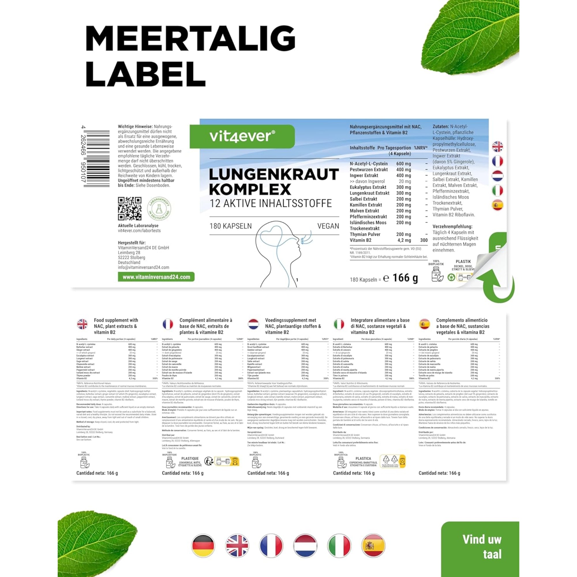 Lungenkraut-Atemwegskomplex mit NAC &amp; Kräutern | 180 Kapseln | Vit4ever