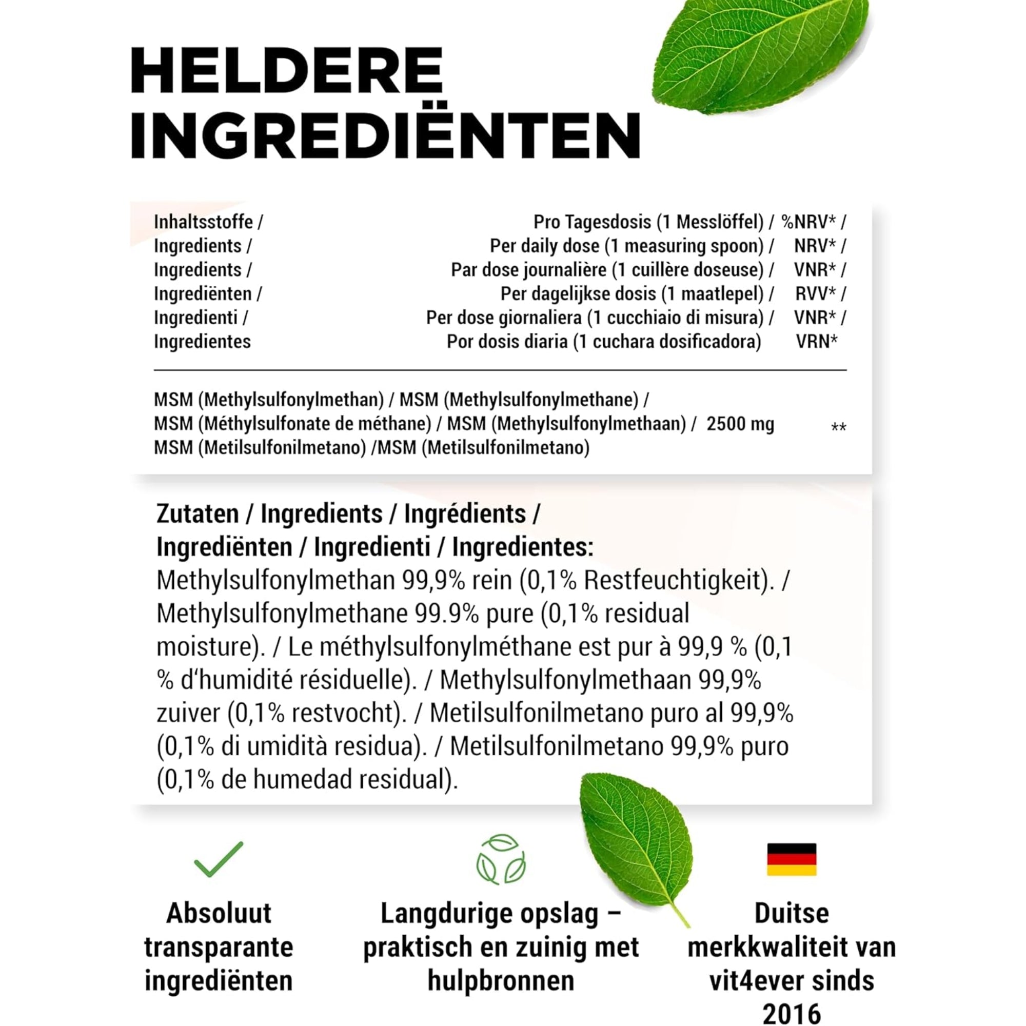 MSM-poeder | Methylsulfonylmethaam | 1 kg | 99,9% zuiver | Vit4ever